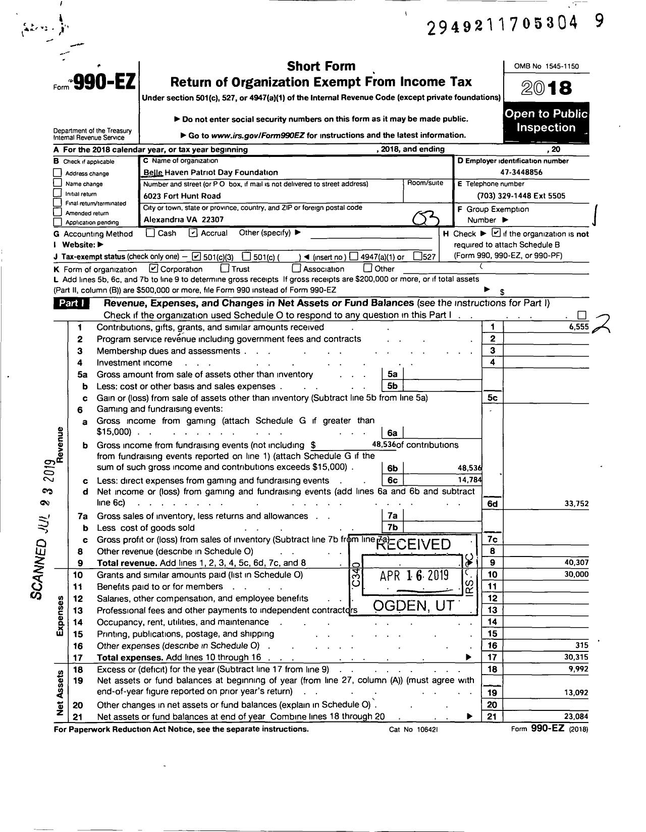 Image of first page of 2018 Form 990EZ for Belle Haven Patriot Day Foundation