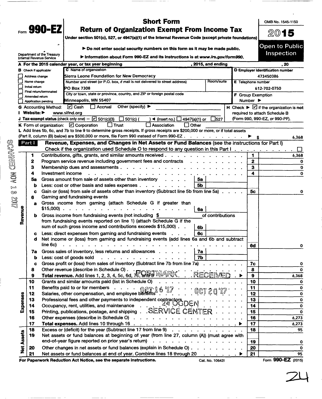 Image of first page of 2015 Form 990EZ for Sierra Leone Foundation for New Democracy