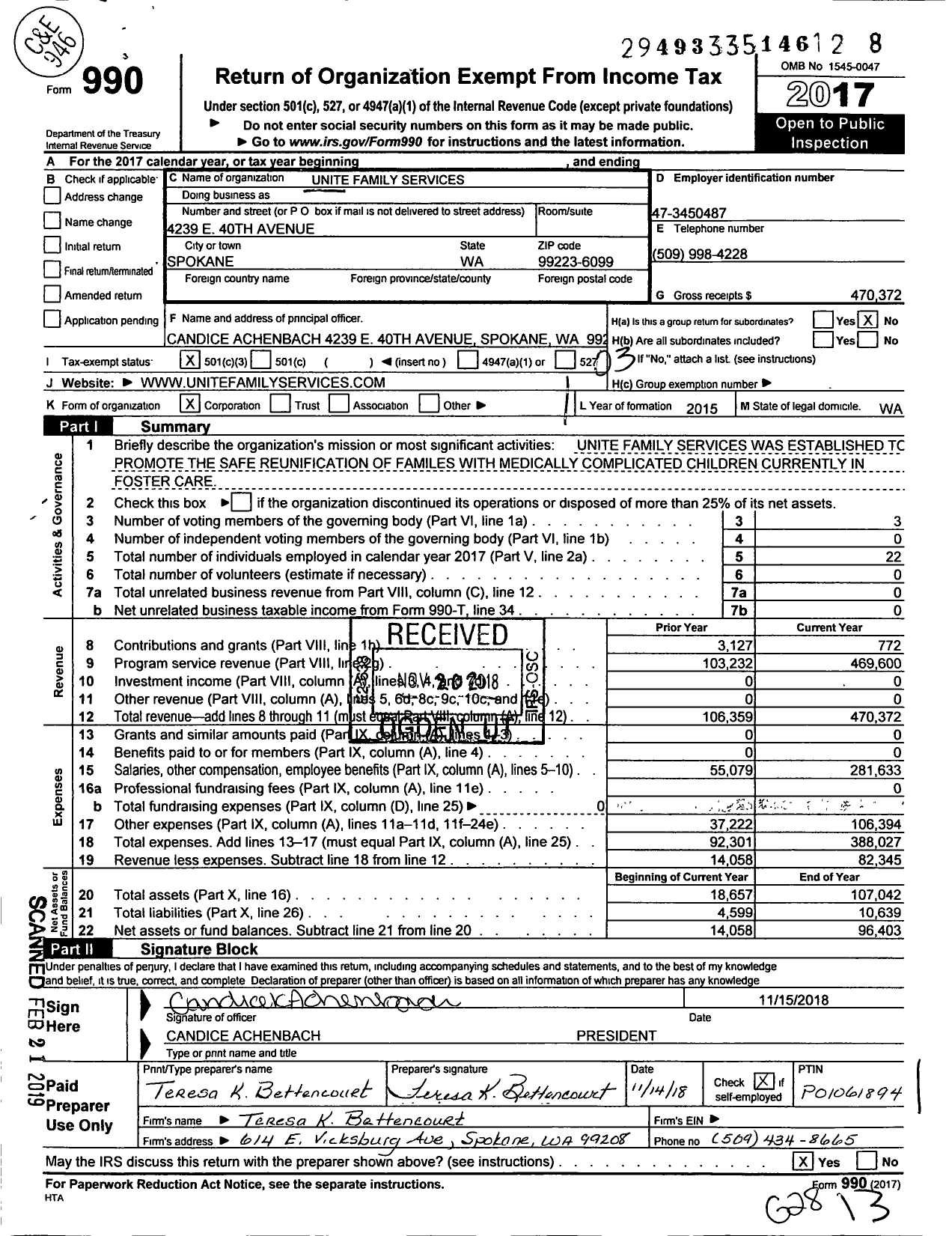 Image of first page of 2017 Form 990 for Unite Family Services