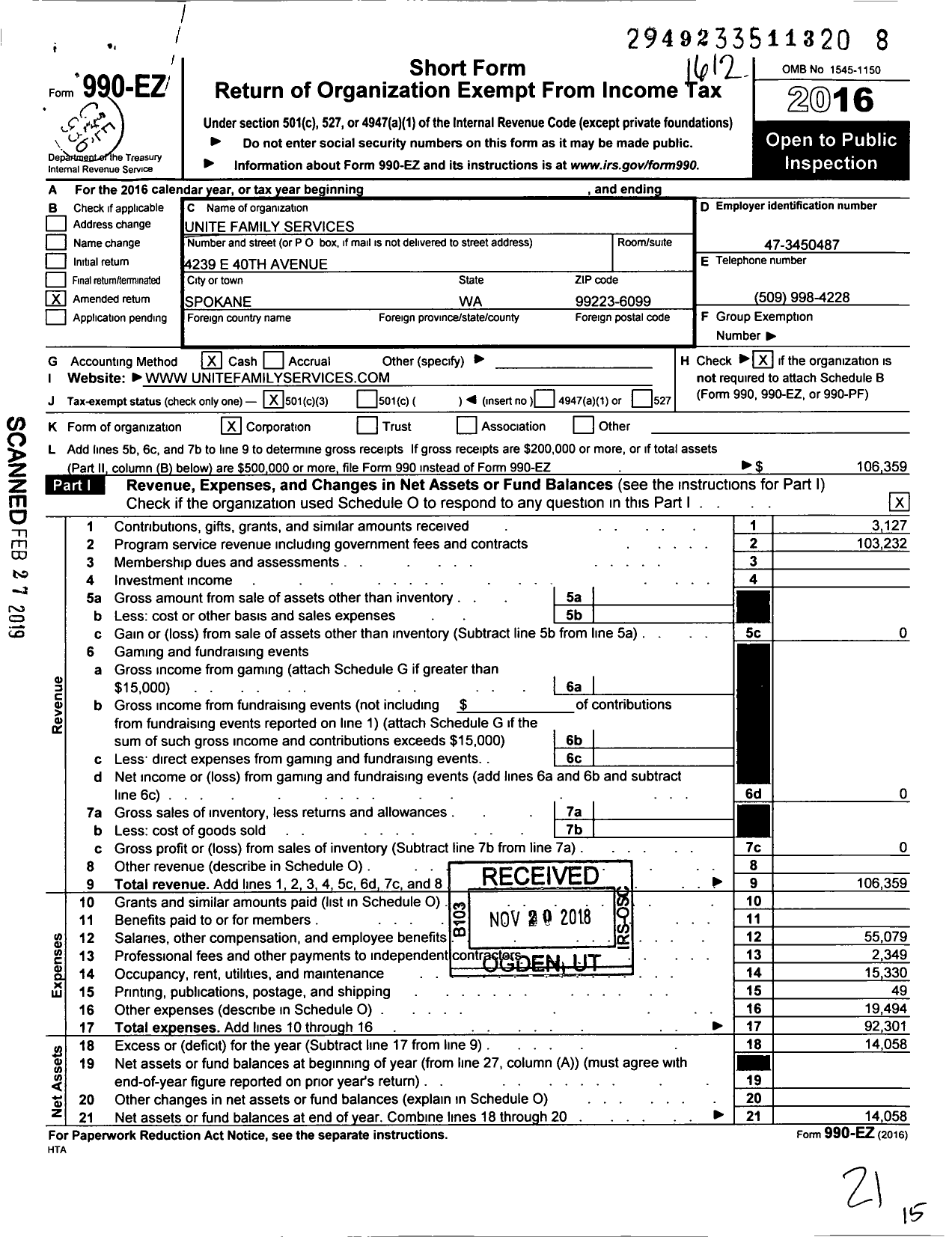 Image of first page of 2016 Form 990EZ for Unite Family Services