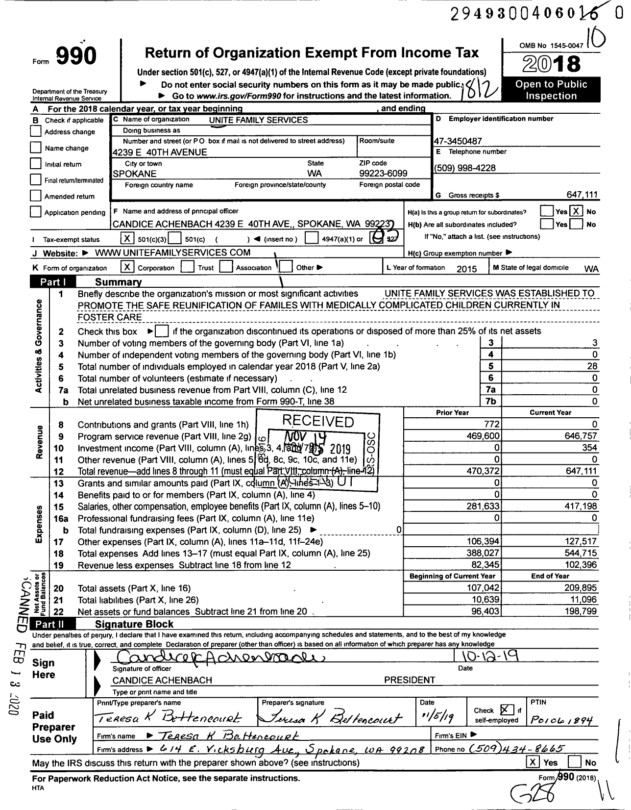 Image of first page of 2018 Form 990 for Unite Family Services