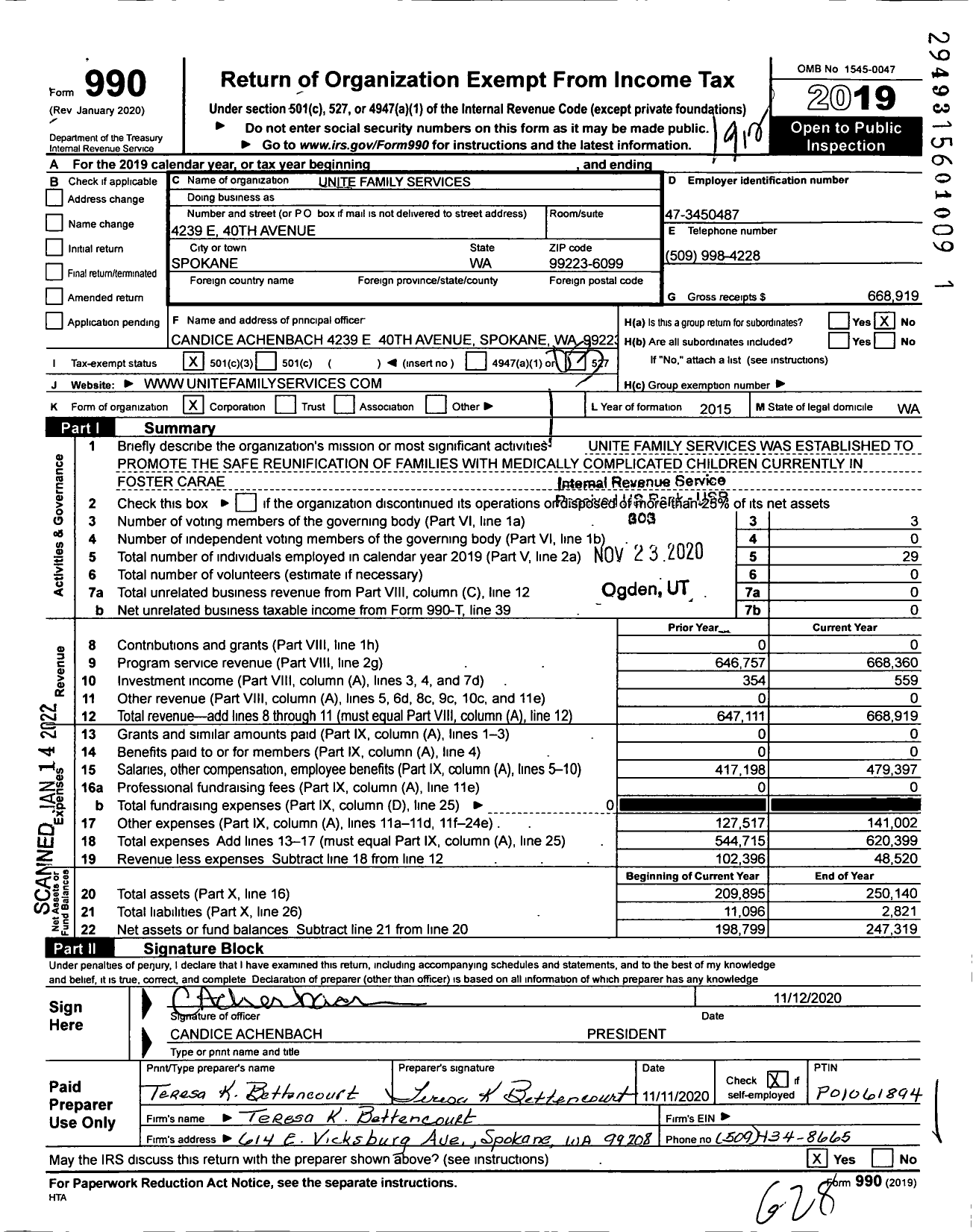 Image of first page of 2019 Form 990 for Unite Family Services