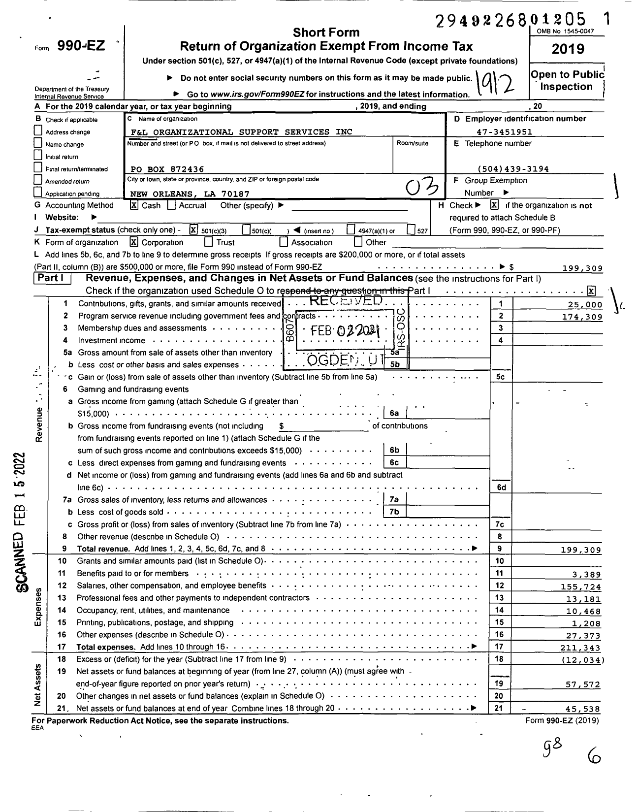 Image of first page of 2019 Form 990EZ for F&L Organizational Support Services