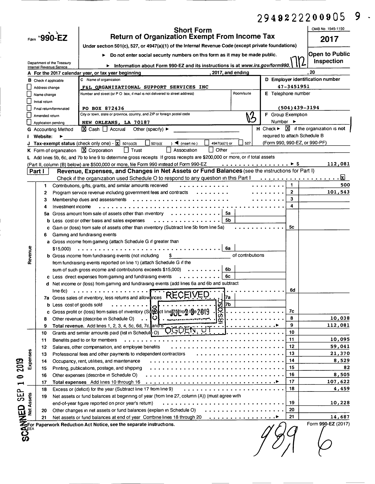 Image of first page of 2017 Form 990EZ for F&L Organizational Support Services