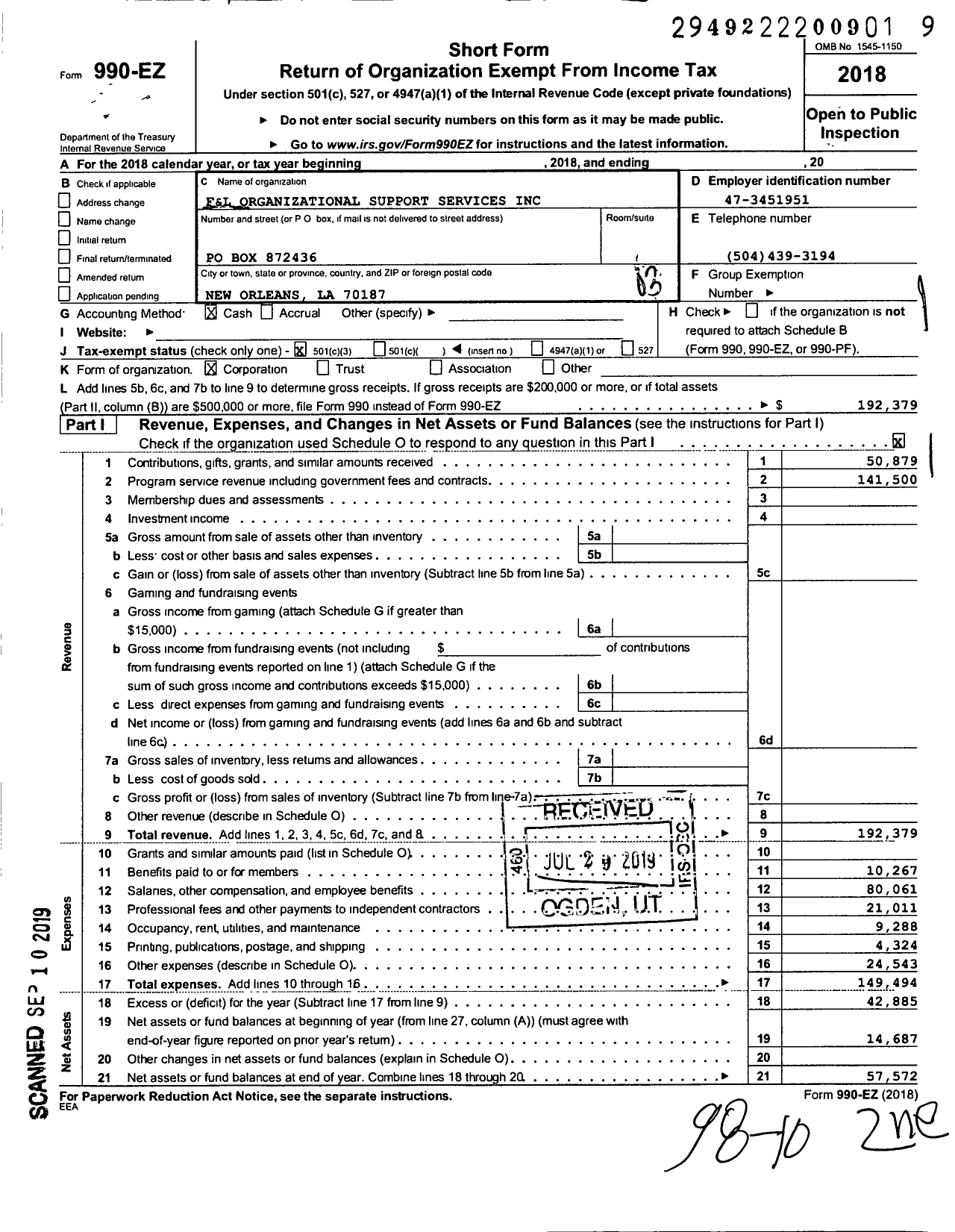 Image of first page of 2018 Form 990EZ for F&L Organizational Support Services