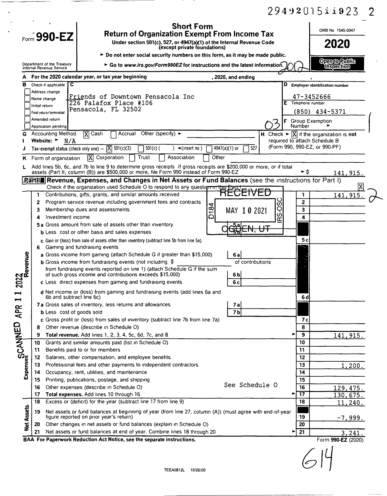 Image of first page of 2020 Form 990EZ for Friends of Downtown Pensacola