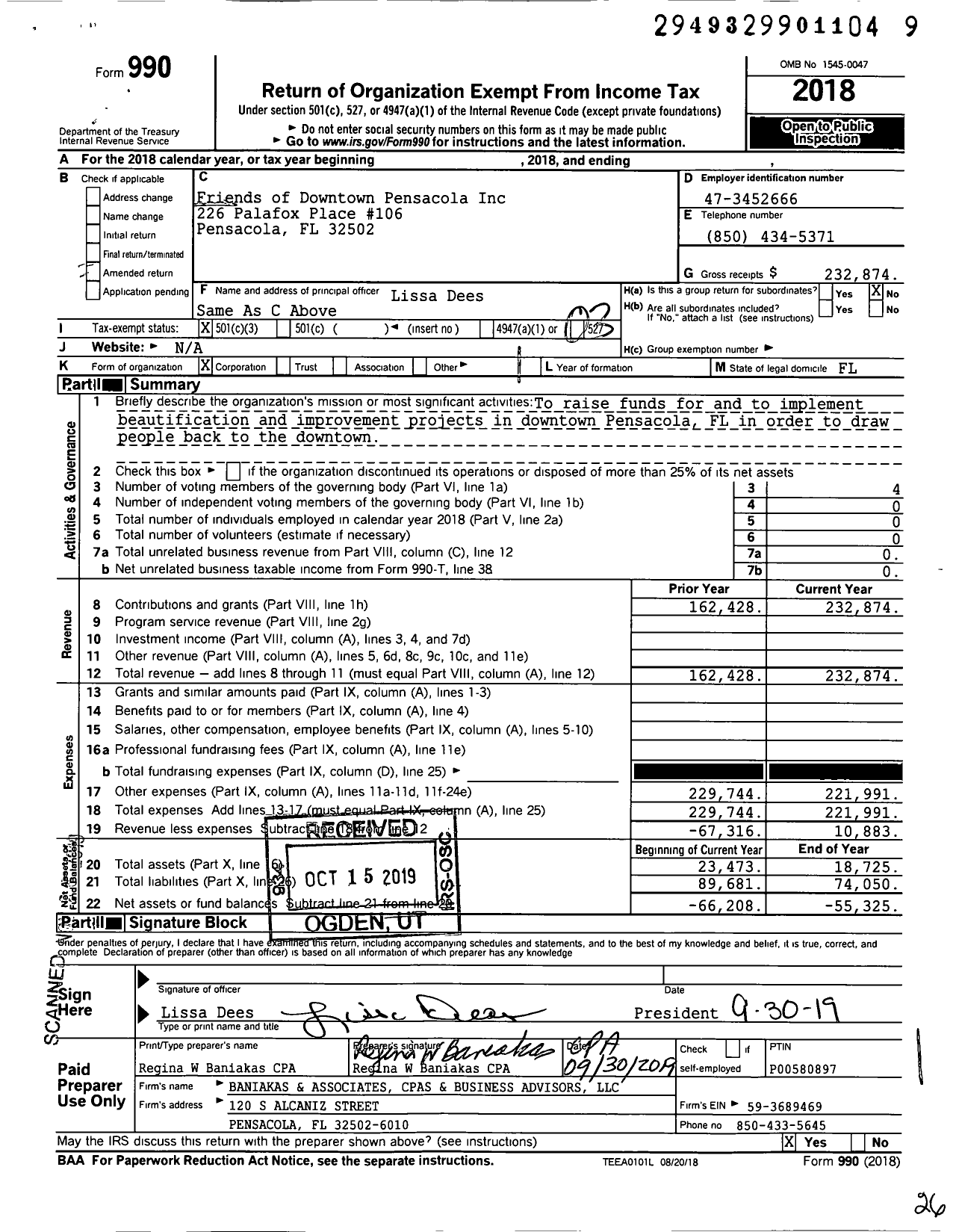 Image of first page of 2018 Form 990 for Friends of Downtown Pensacola