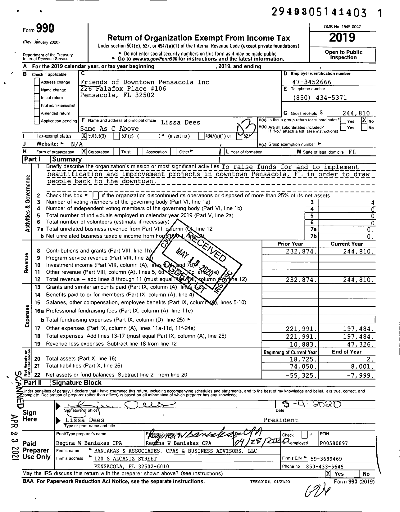 Image of first page of 2019 Form 990 for Friends of Downtown Pensacola