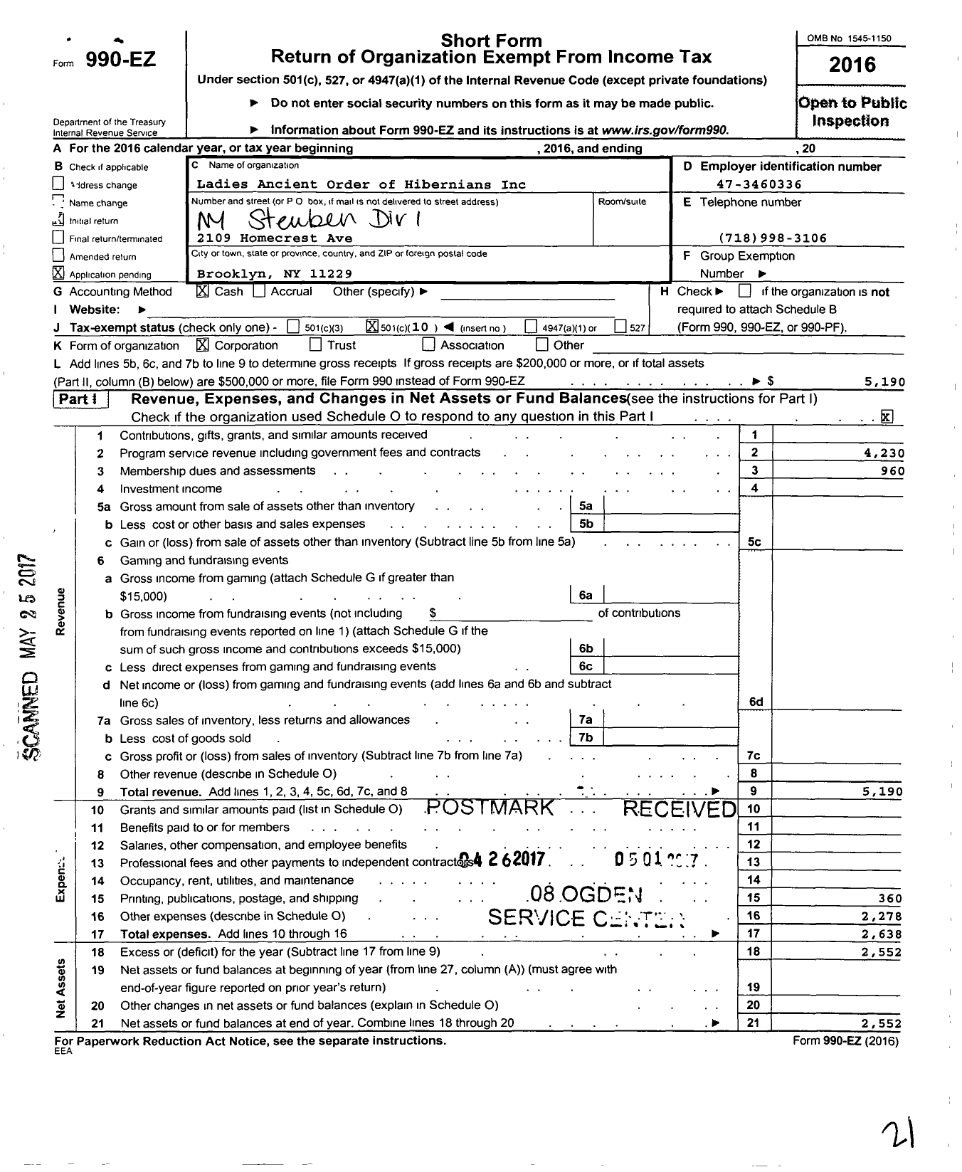 Image of first page of 2016 Form 990EO for Ladies Ancient Order of Hibernians / Daugthers of Erin