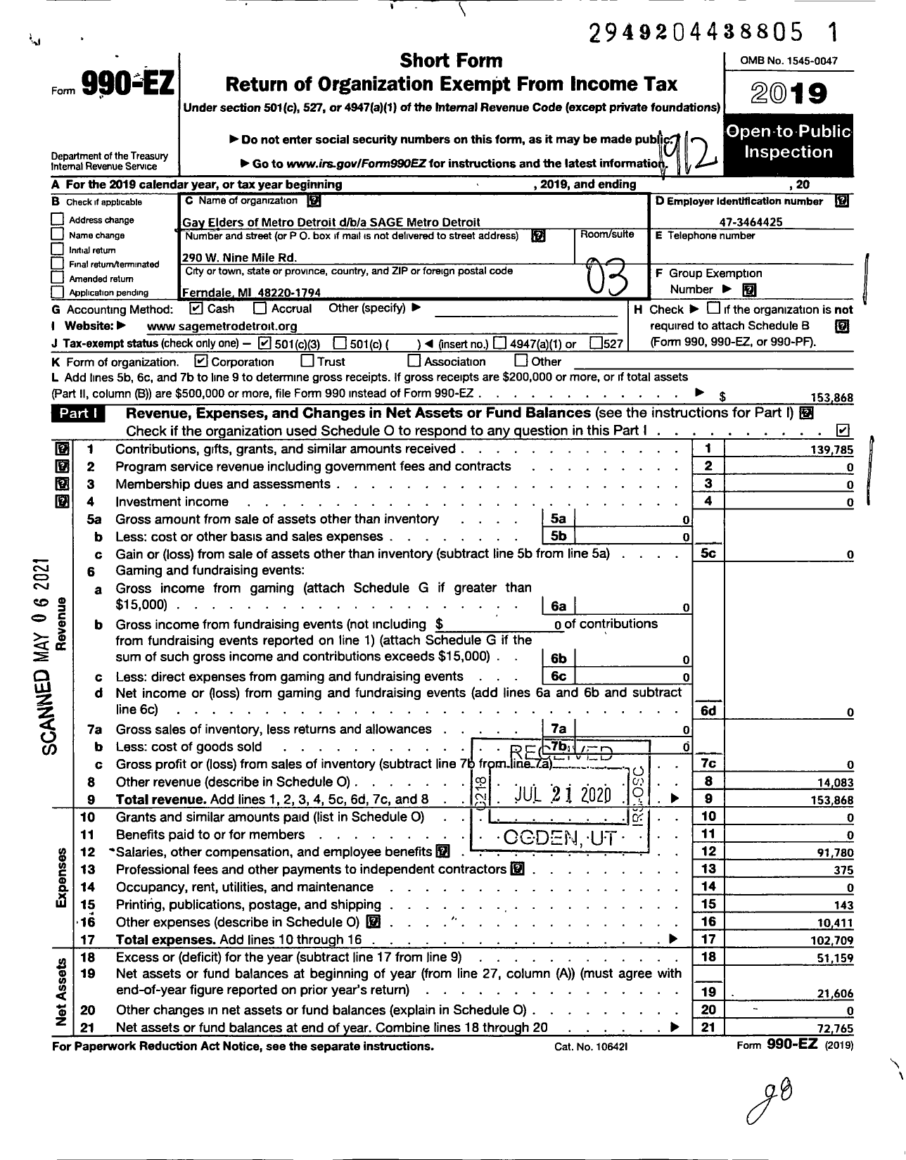 Image of first page of 2019 Form 990EZ for Migen Michigan LGBTQ Elders Networ