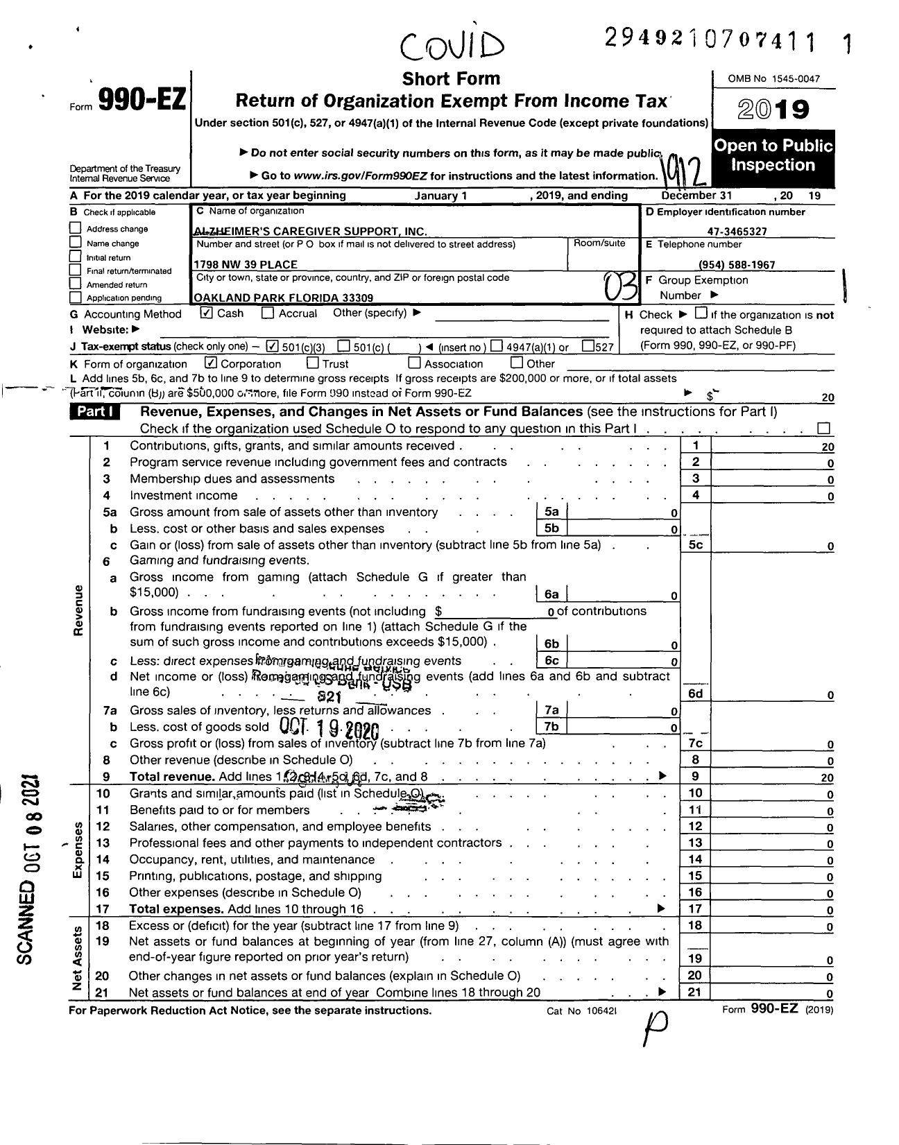 Image of first page of 2019 Form 990EZ for Alzheimers Caregiver Support