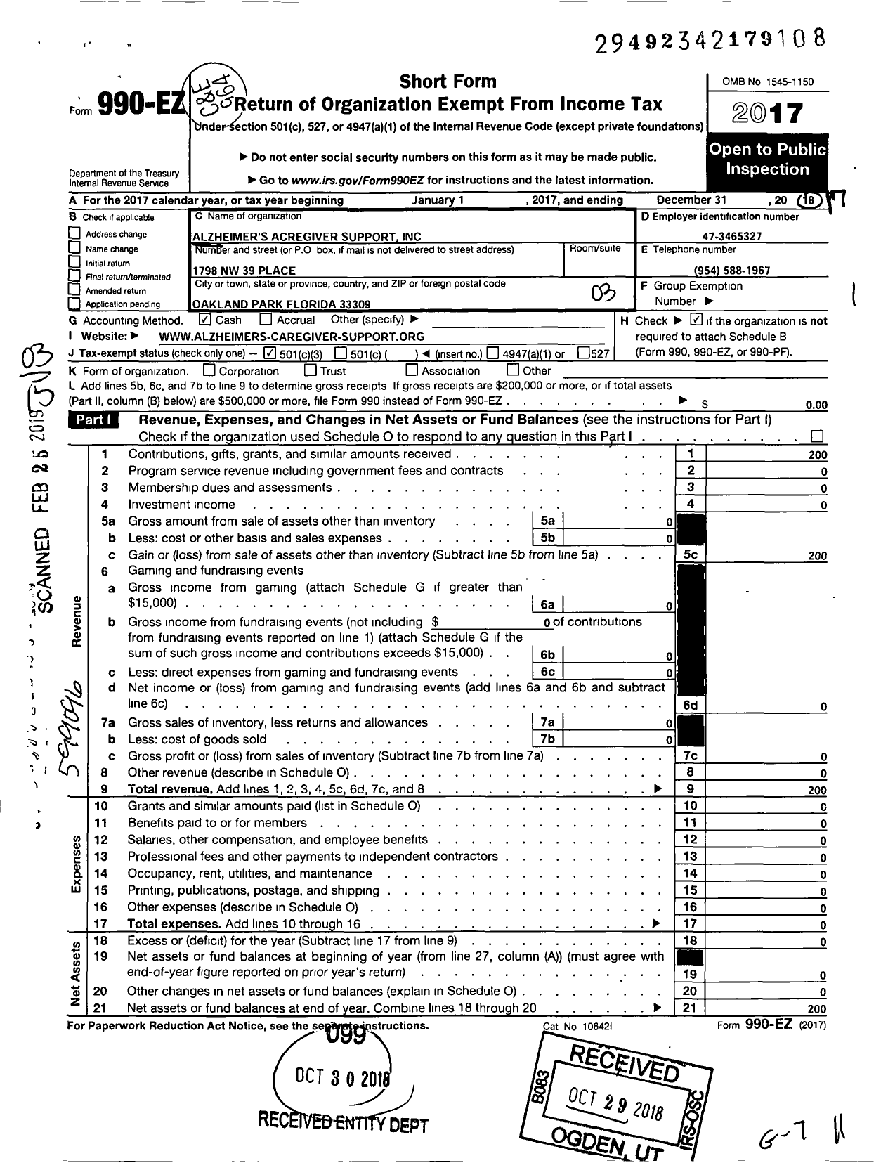 Image of first page of 2017 Form 990EZ for Alzheimers Caregiver Support