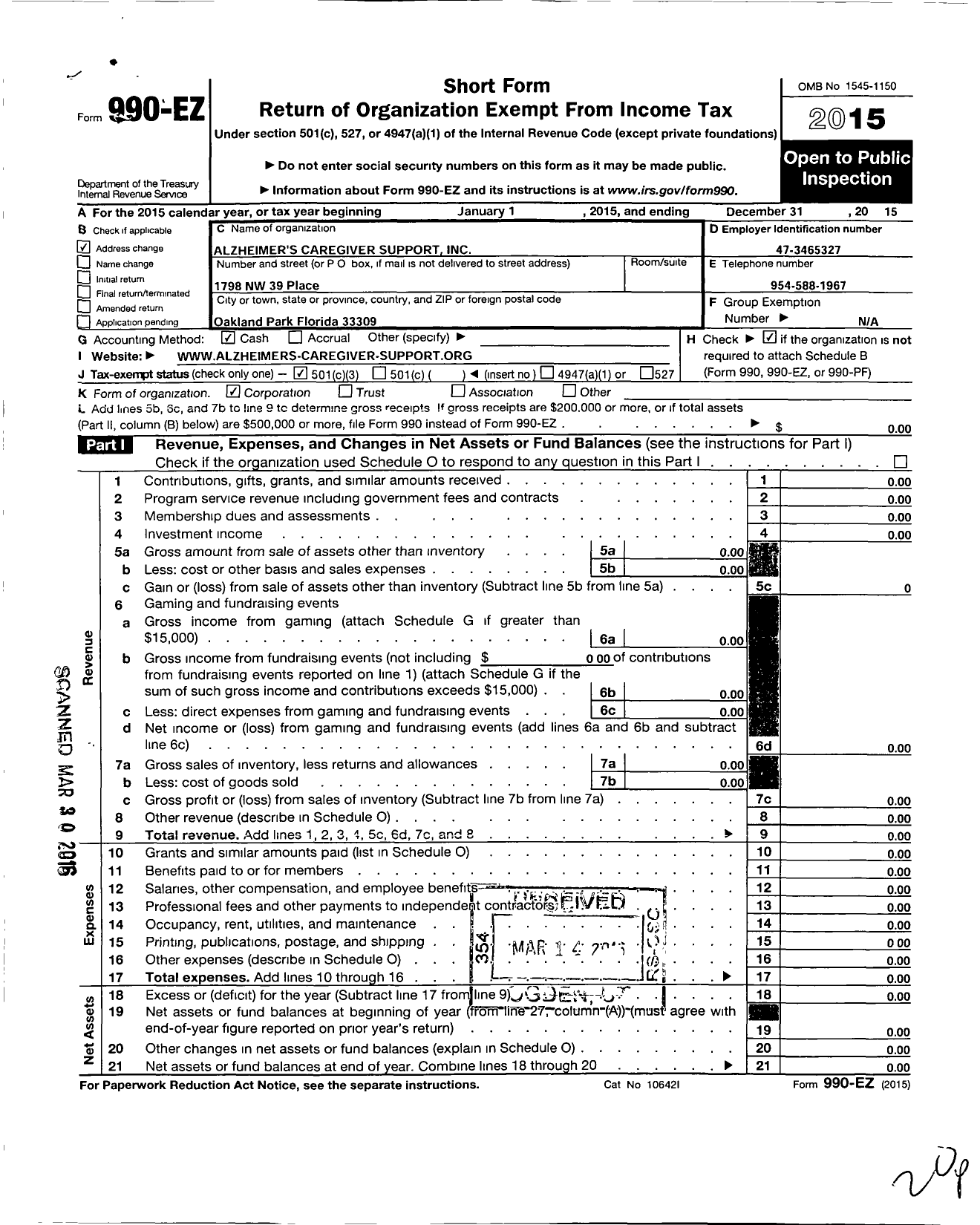 Image of first page of 2015 Form 990EZ for Alzheimers Caregiver Support