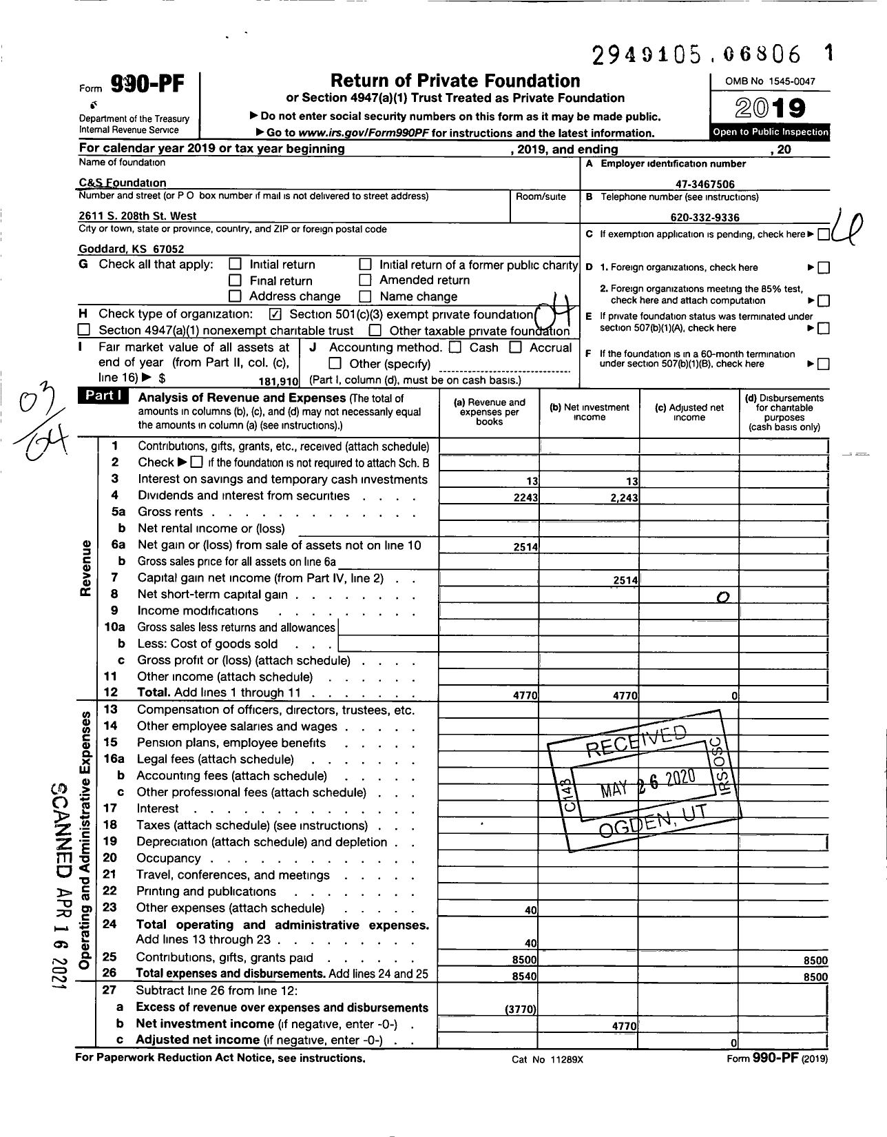 Image of first page of 2019 Form 990PF for C & S Foundation