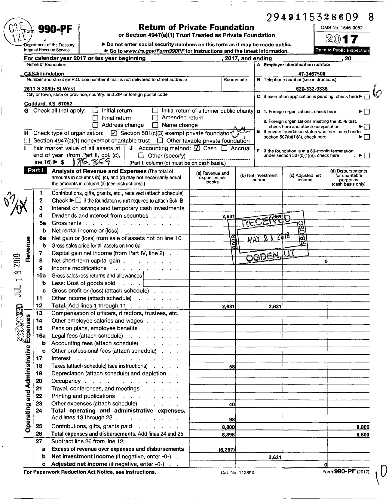 Image of first page of 2017 Form 990PF for C & S Foundation