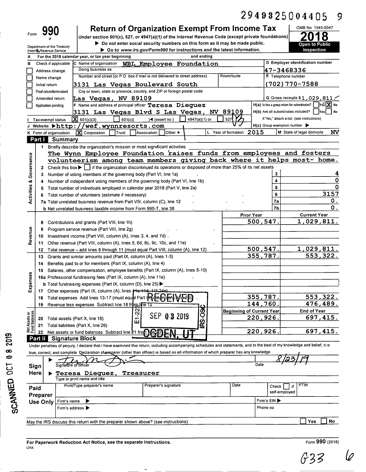 Image of first page of 2018 Form 990 for Wynn Resorts Foundation