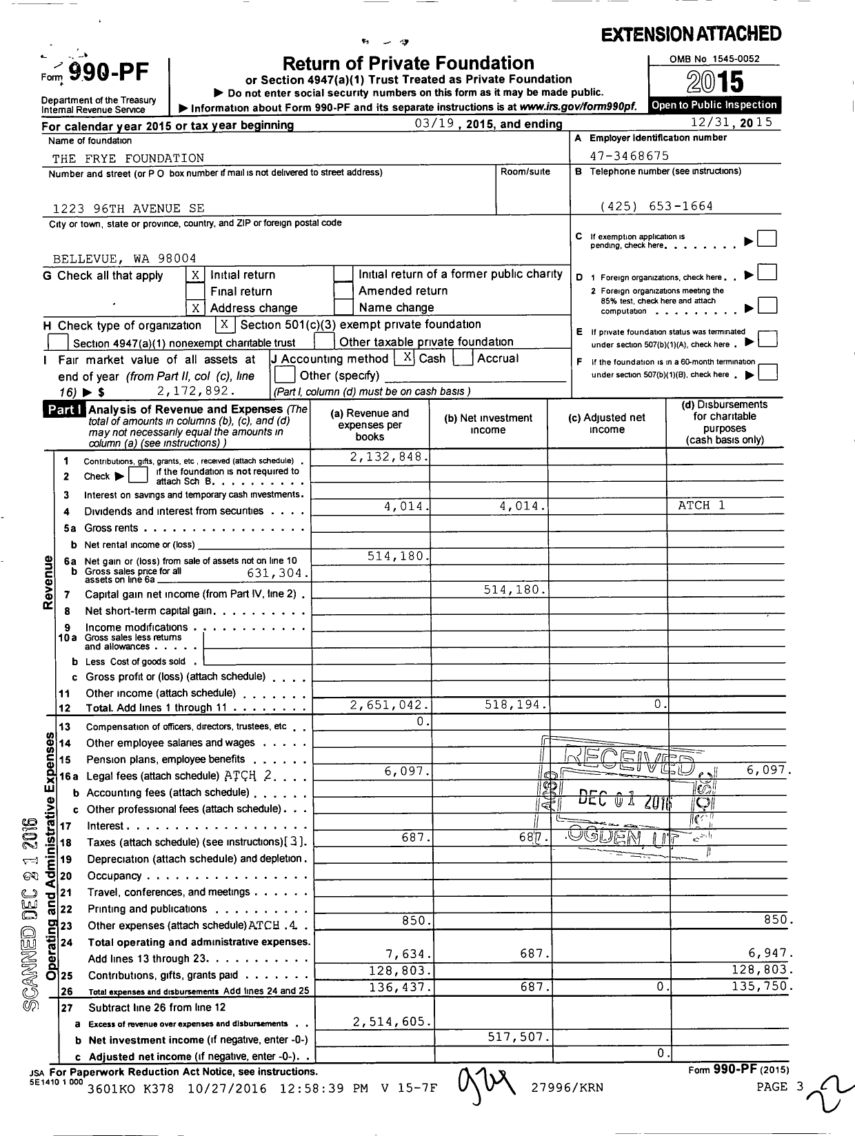 Image of first page of 2015 Form 990PF for The Frye Foundation