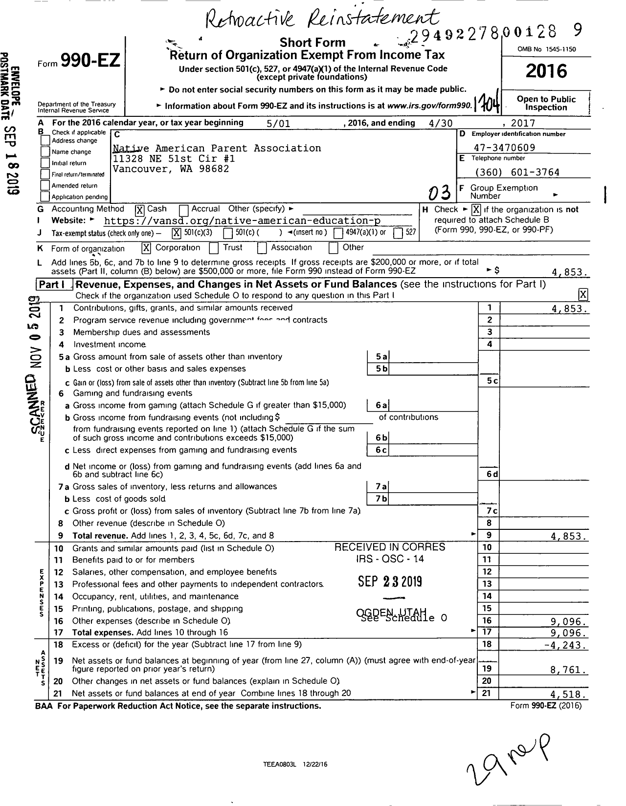 Image of first page of 2016 Form 990EZ for Native American Parent Association