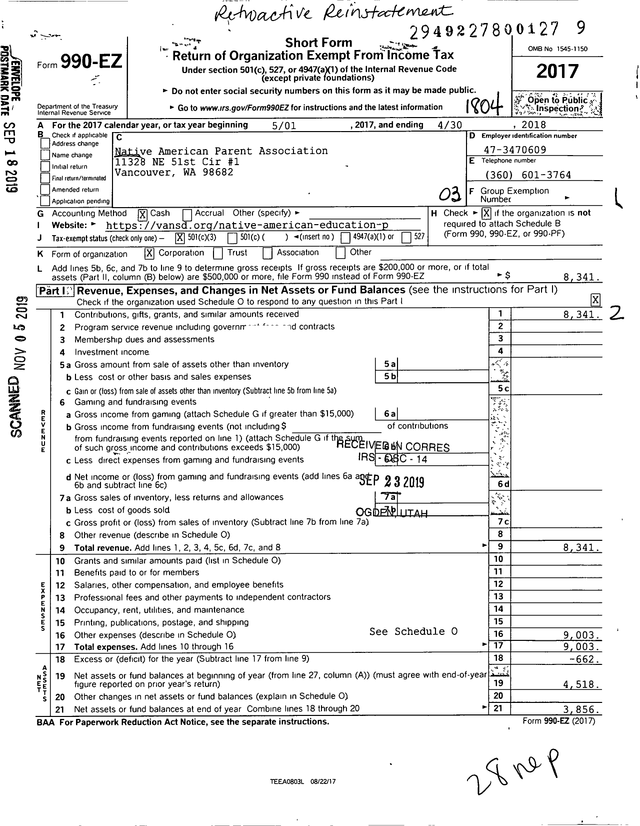 Image of first page of 2017 Form 990EZ for Native American Parent Association