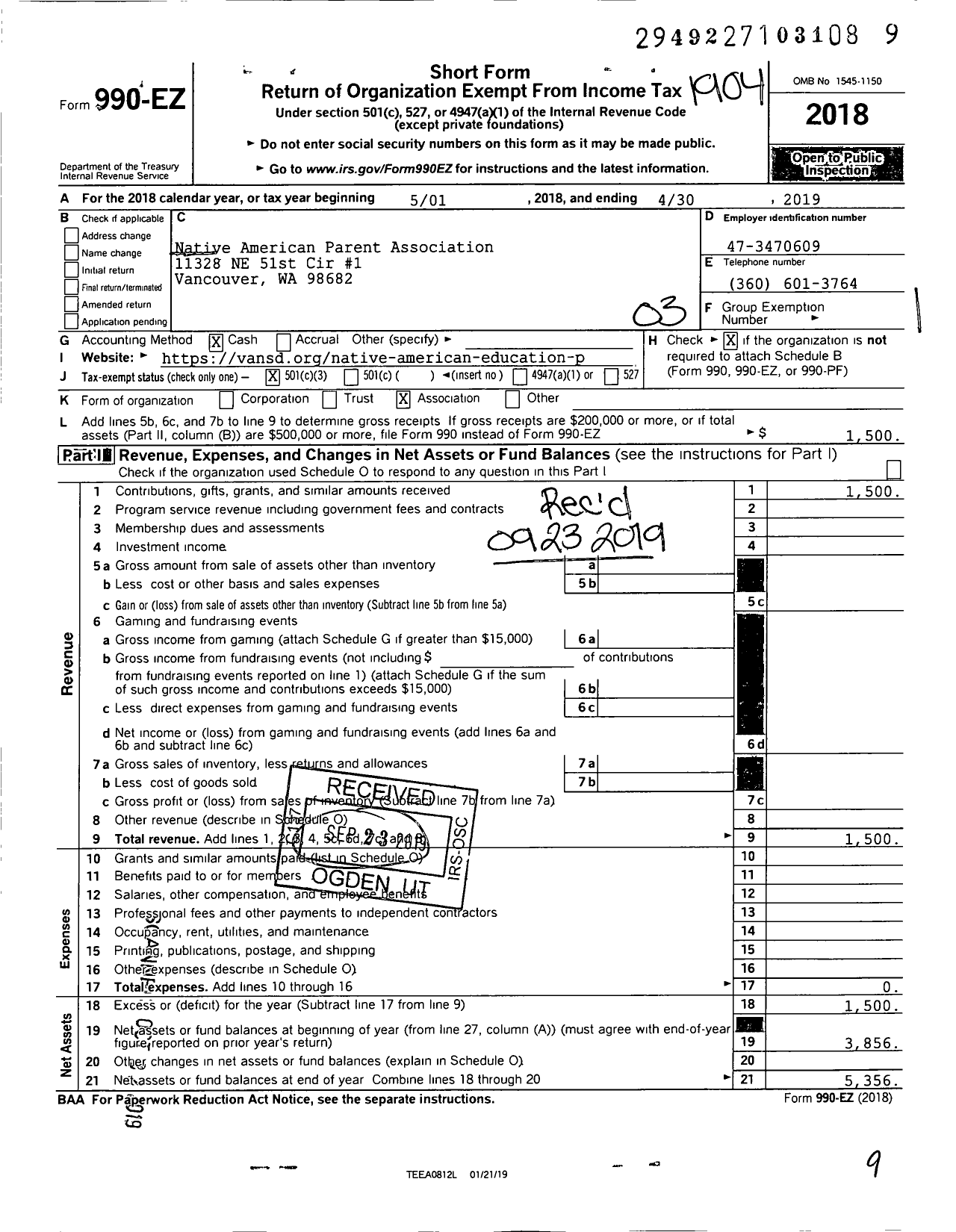 Image of first page of 2018 Form 990EZ for Native American Parent Association