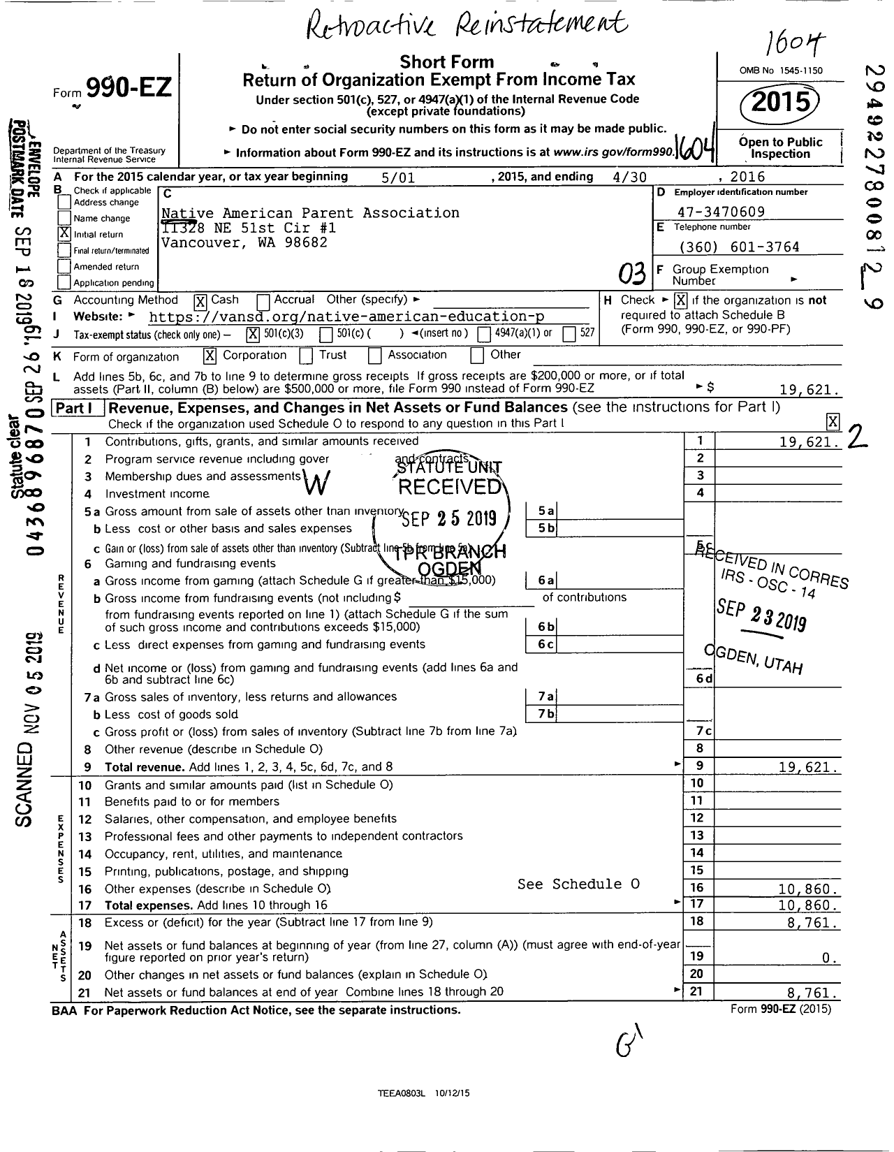 Image of first page of 2015 Form 990EZ for Native American Parent Association