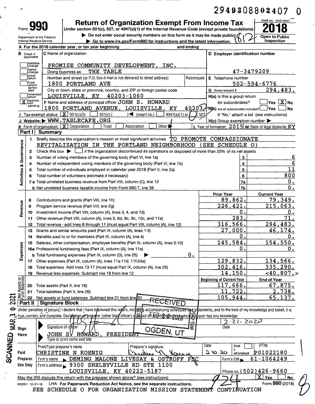 Image of first page of 2018 Form 990 for The Table / Promise Community Development Inc