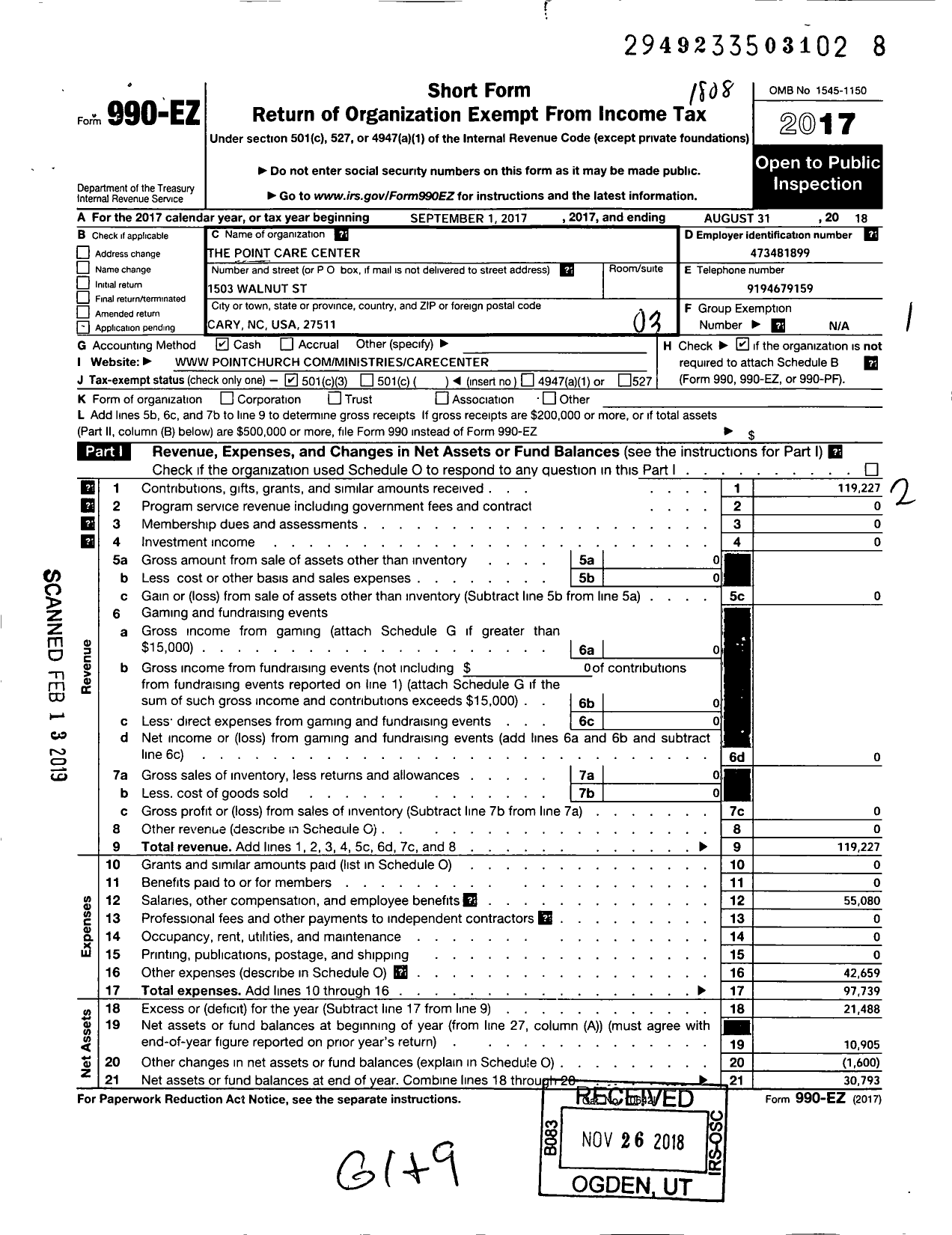 Image of first page of 2017 Form 990EZ for Carolina Care Center