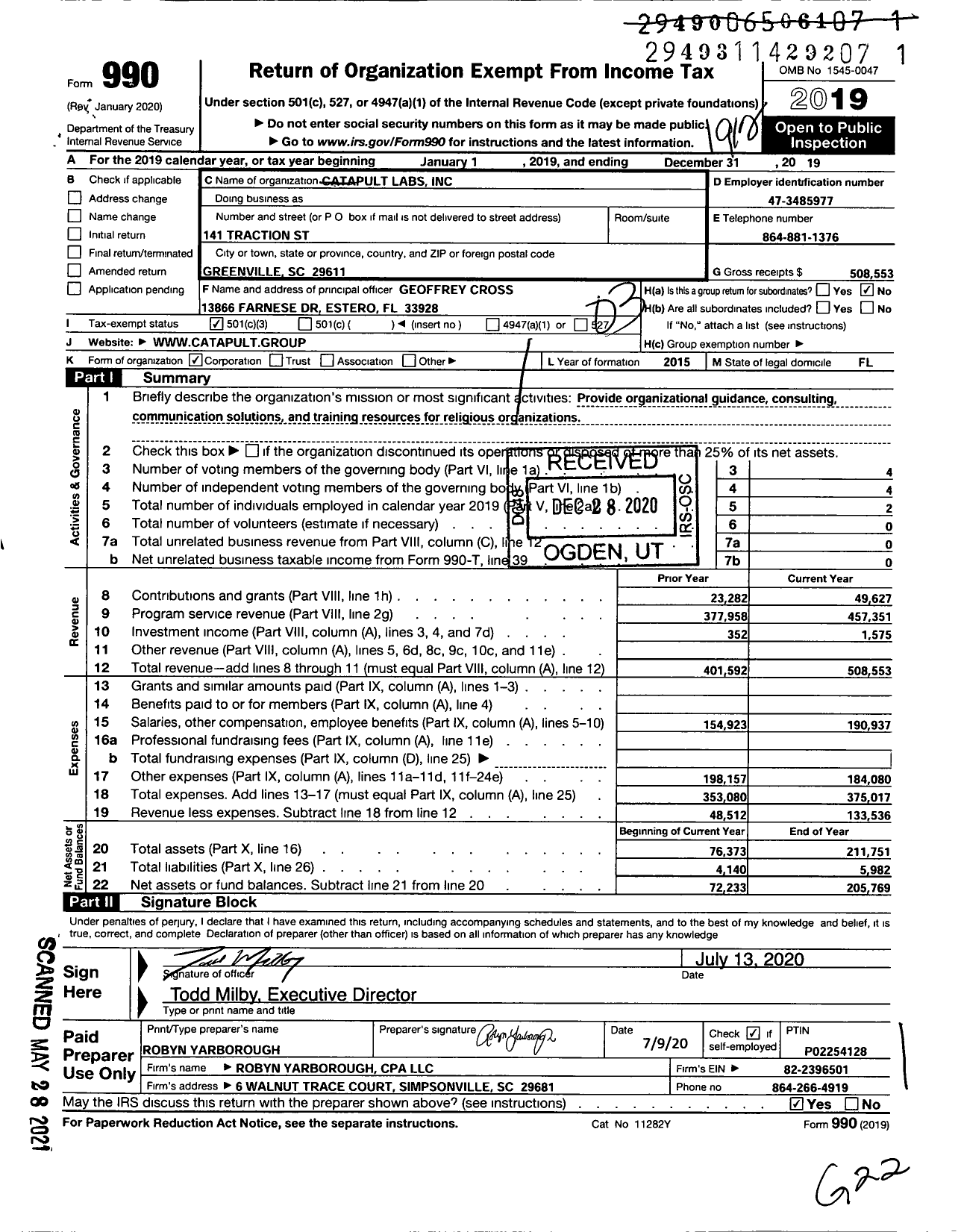 Image of first page of 2019 Form 990 for Catapult Labs