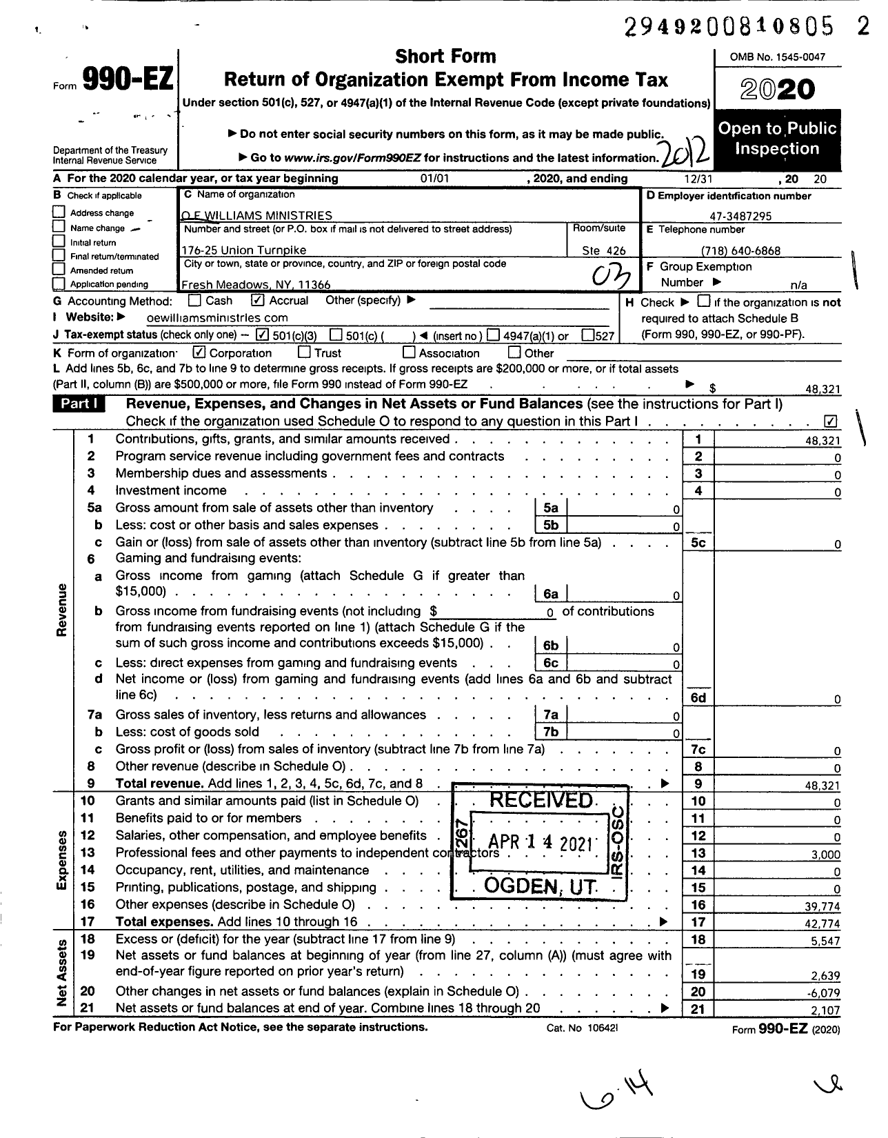 Image of first page of 2020 Form 990EZ for O E Williams Ministries