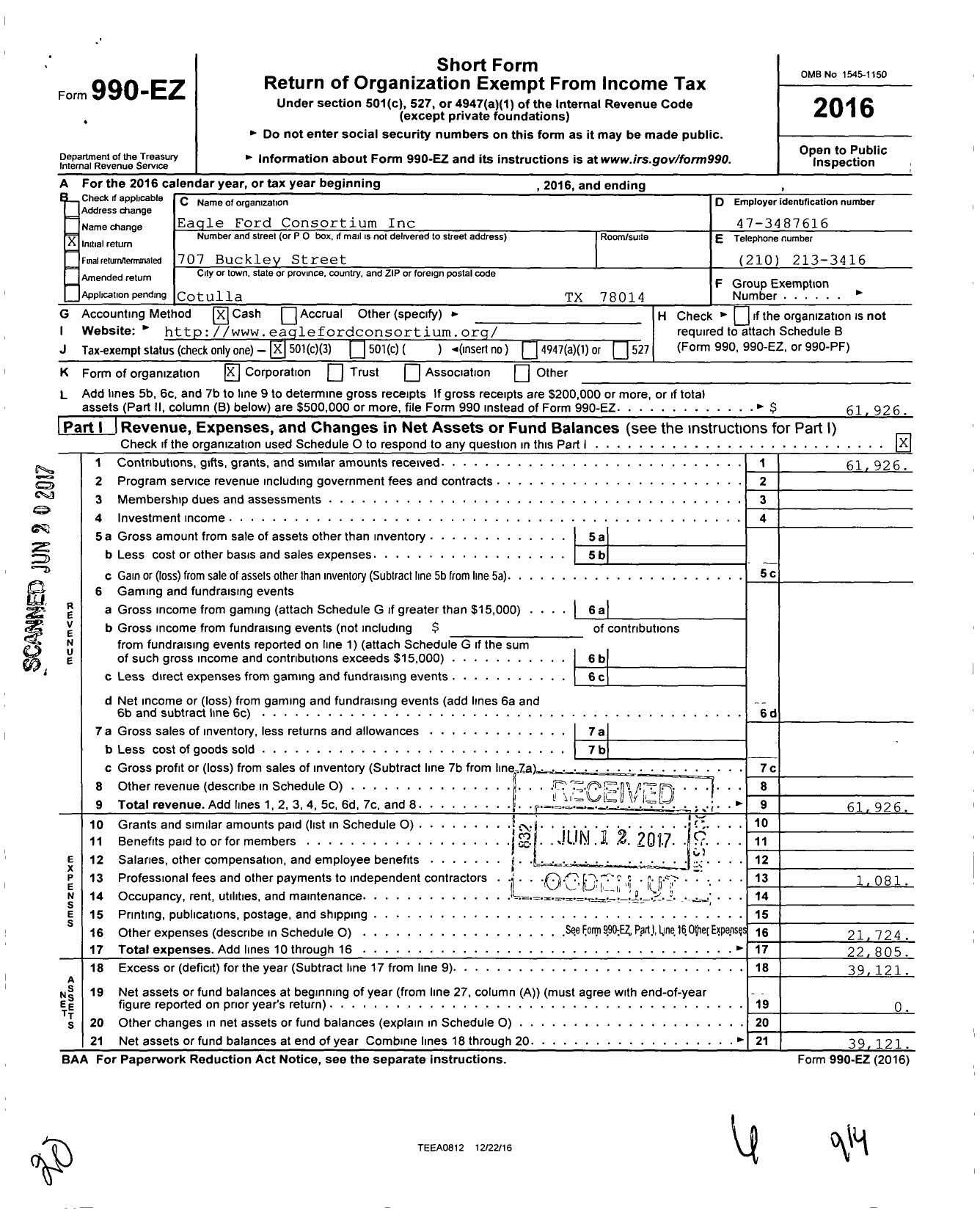 Image of first page of 2016 Form 990EZ for Eagle Ford Consortium