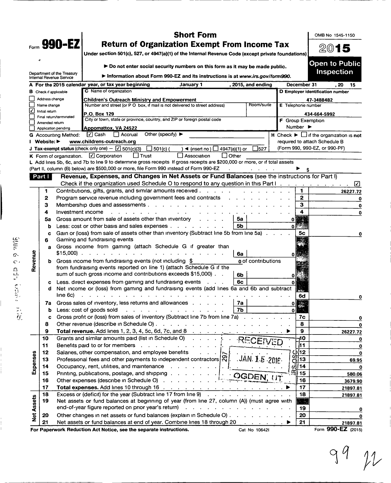 Image of first page of 2015 Form 990EZ for Childrens Outreach Ministry and Empowerment