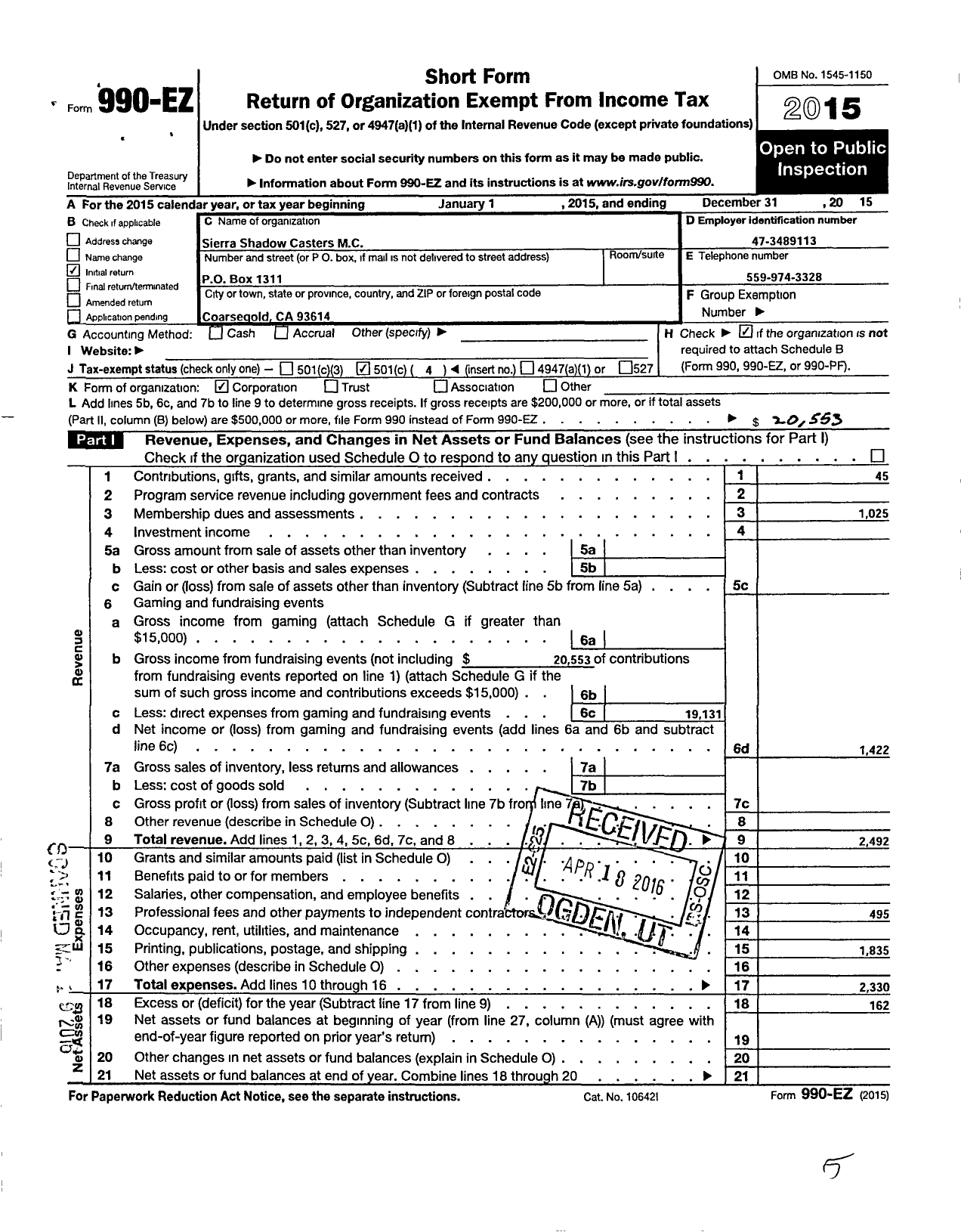 Image of first page of 2015 Form 990EO for Sierra Shadow Casters M C