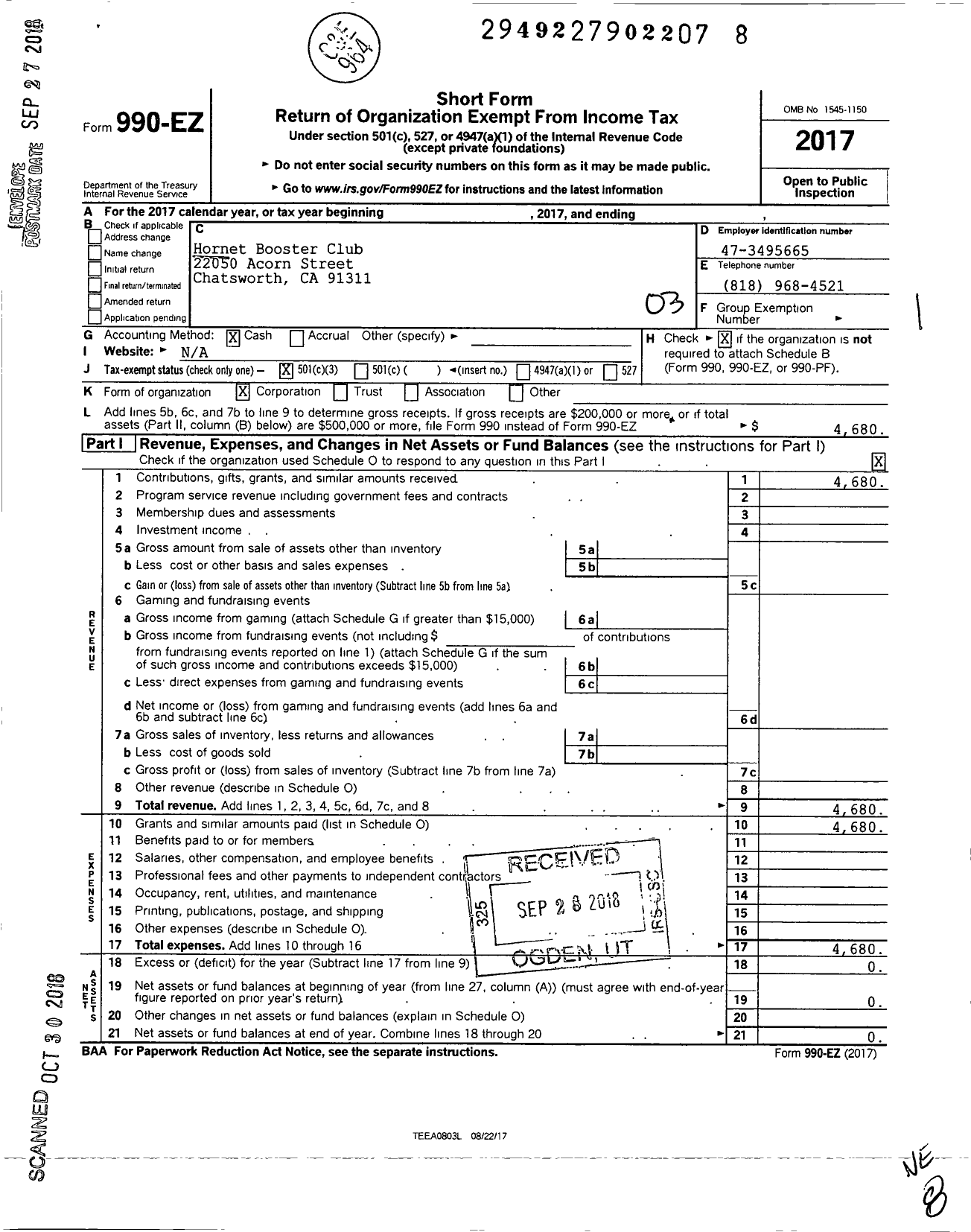 Image of first page of 2017 Form 990EZ for Hornet Booster Club