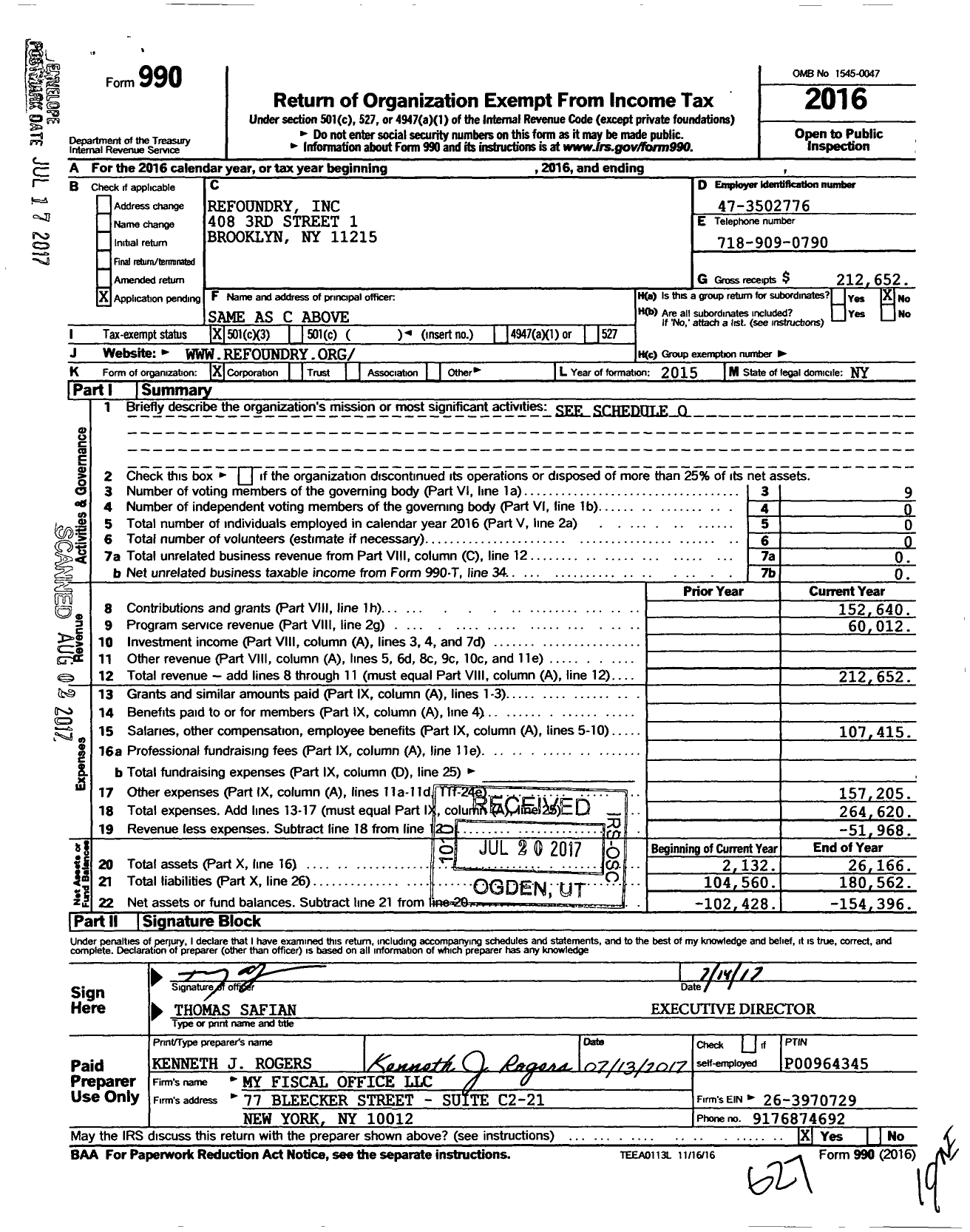 Image of first page of 2016 Form 990 for Refoundry