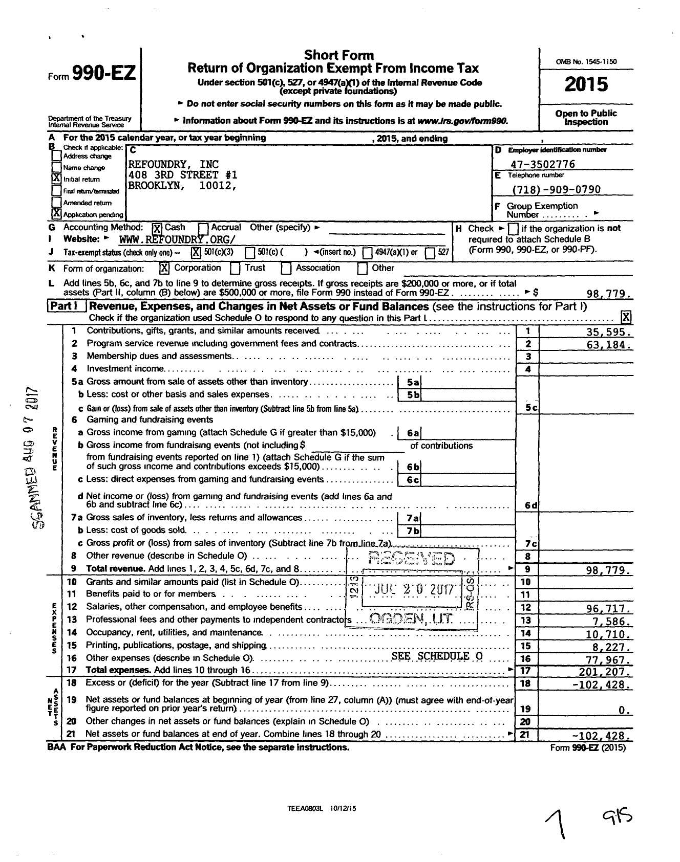 Image of first page of 2015 Form 990EZ for Refoundry