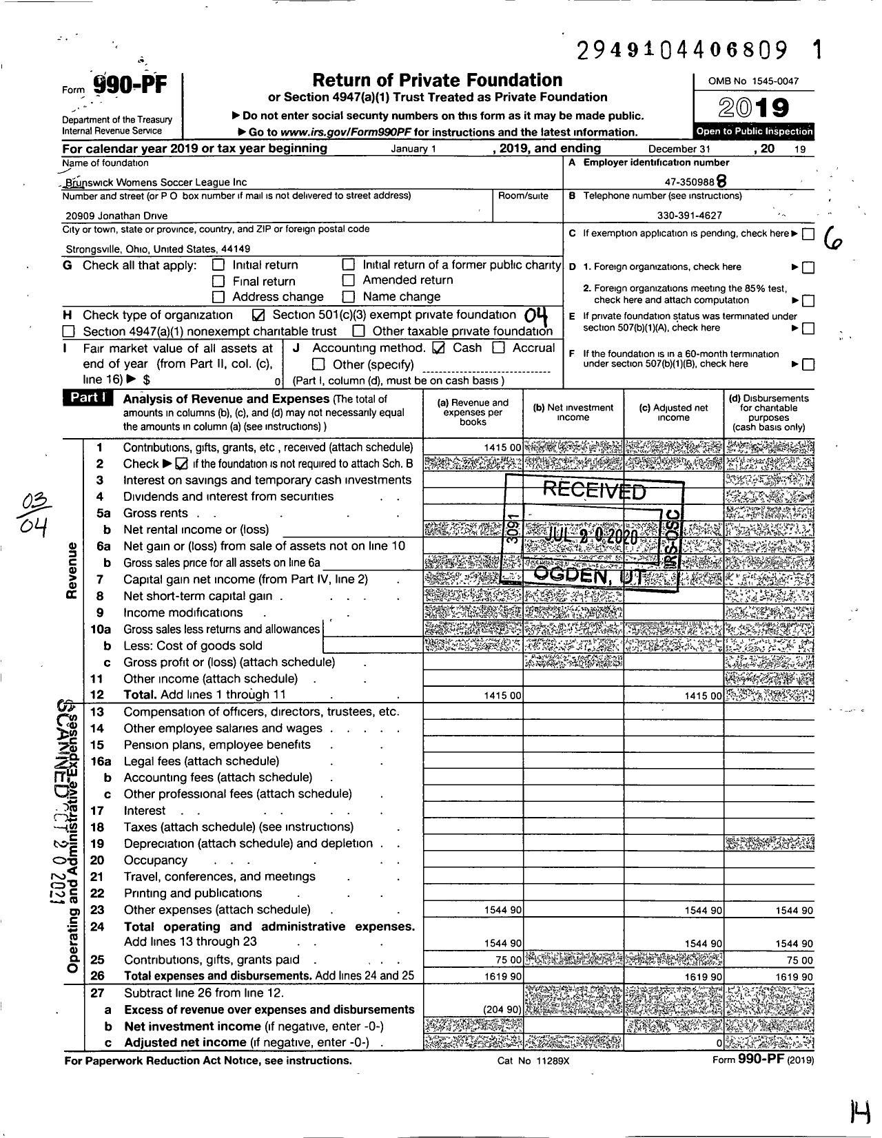 Image of first page of 2019 Form 990PF for Brunswick Womens Soccer League