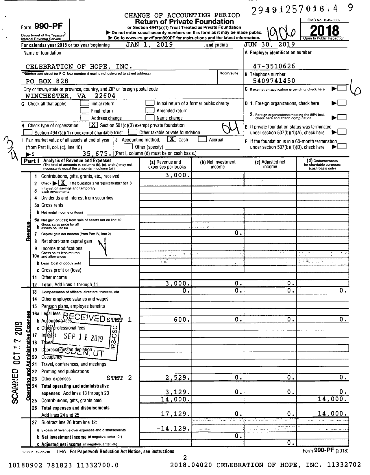 Image of first page of 2018 Form 990PF for Celebration of Hope