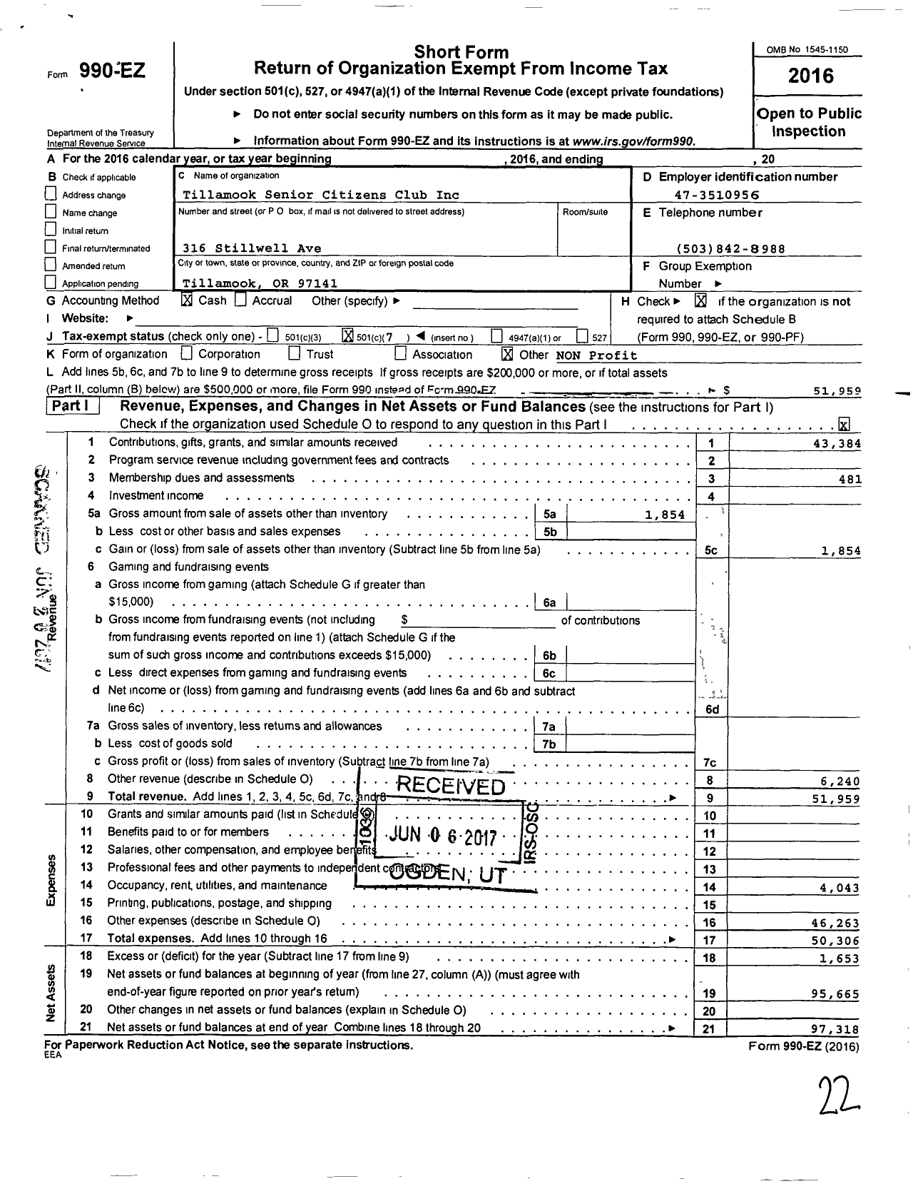 Image of first page of 2016 Form 990EO for Tillamook Senior Center Citizens Club