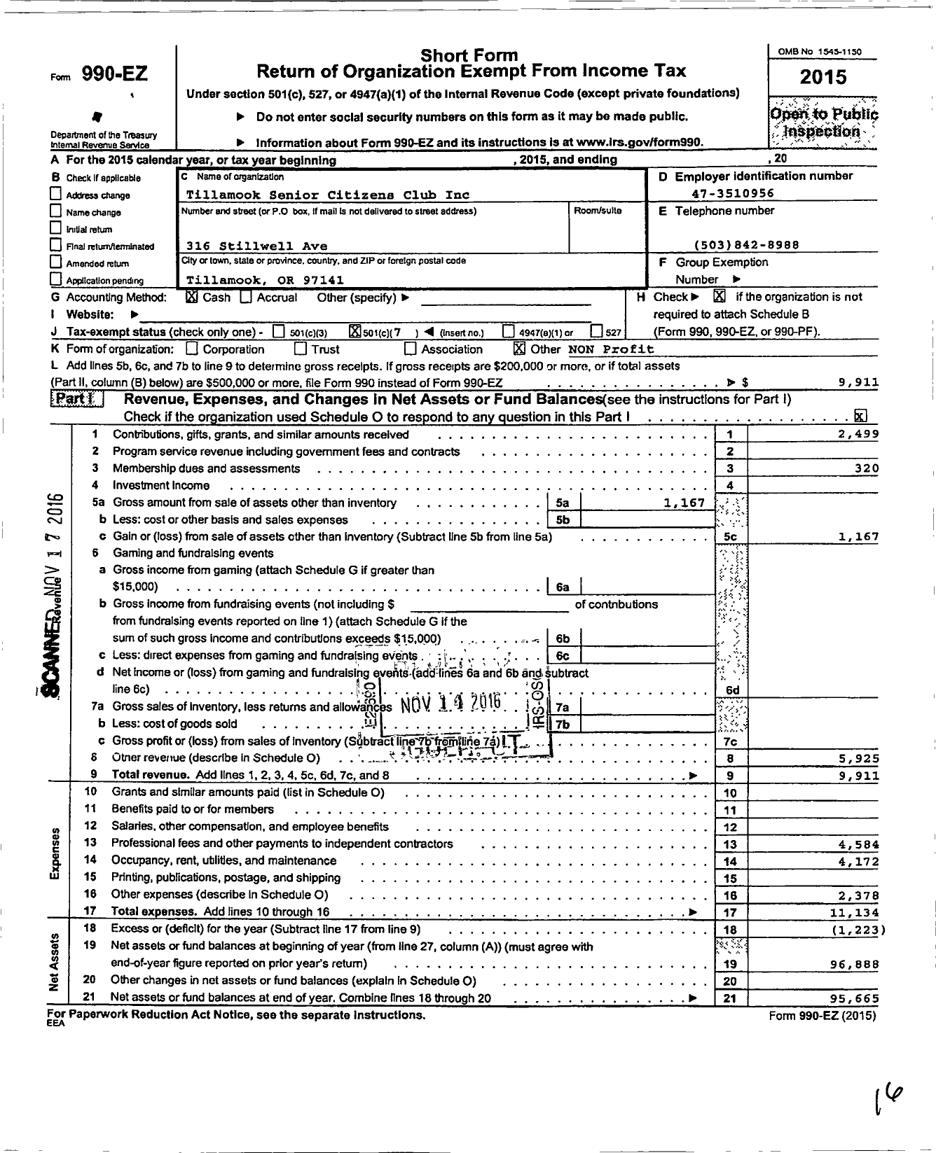 Image of first page of 2015 Form 990EO for Tillamook Senior Center Citizens Club