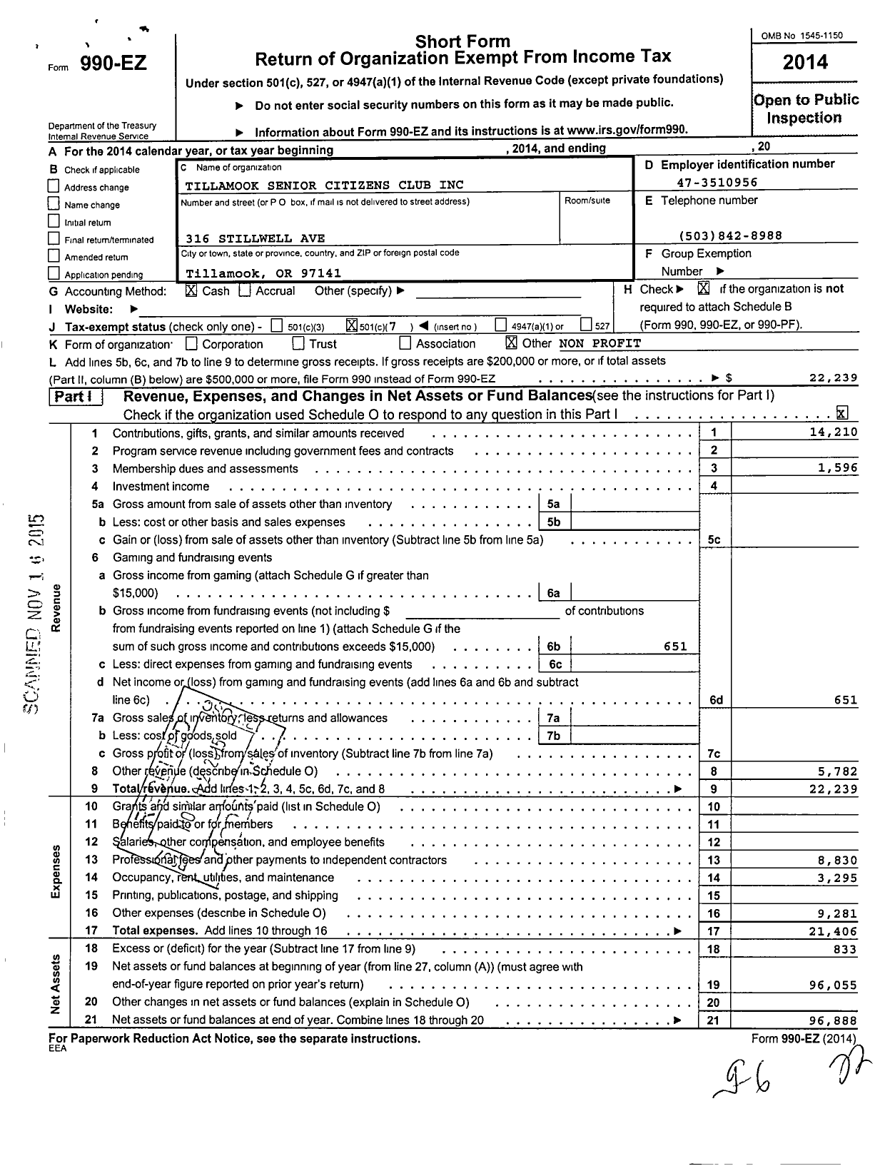 Image of first page of 2014 Form 990EO for Tillamook Senior Center Citizens Club