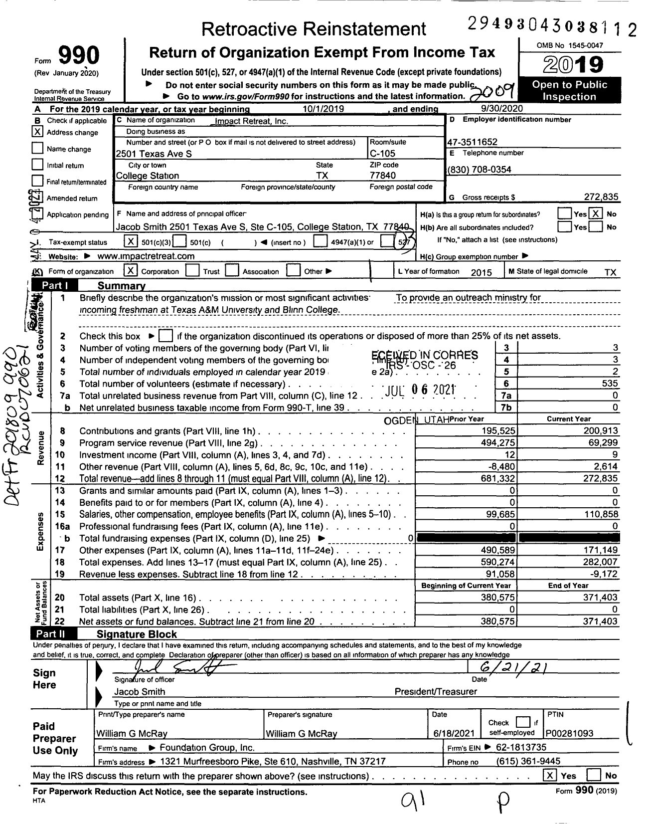 Image of first page of 2019 Form 990 for Impact Retreat