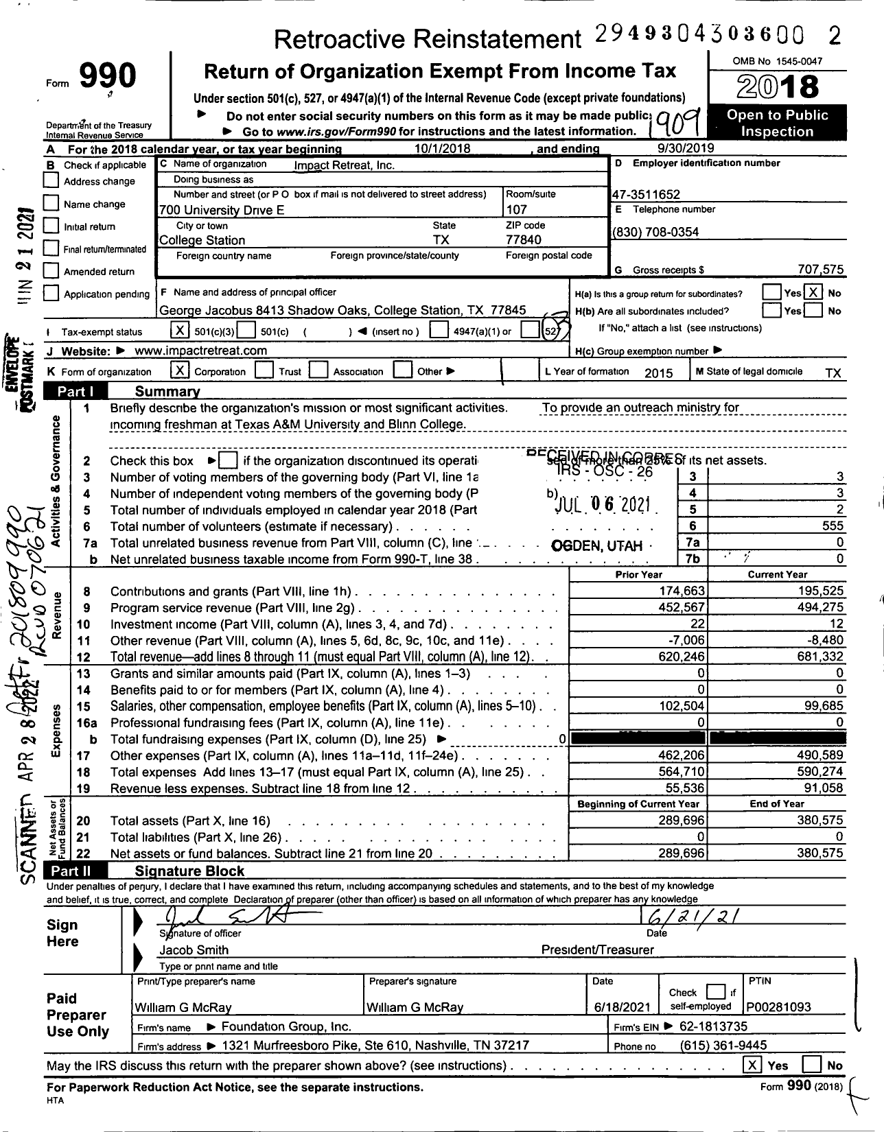 Image of first page of 2018 Form 990 for Impact Retreat