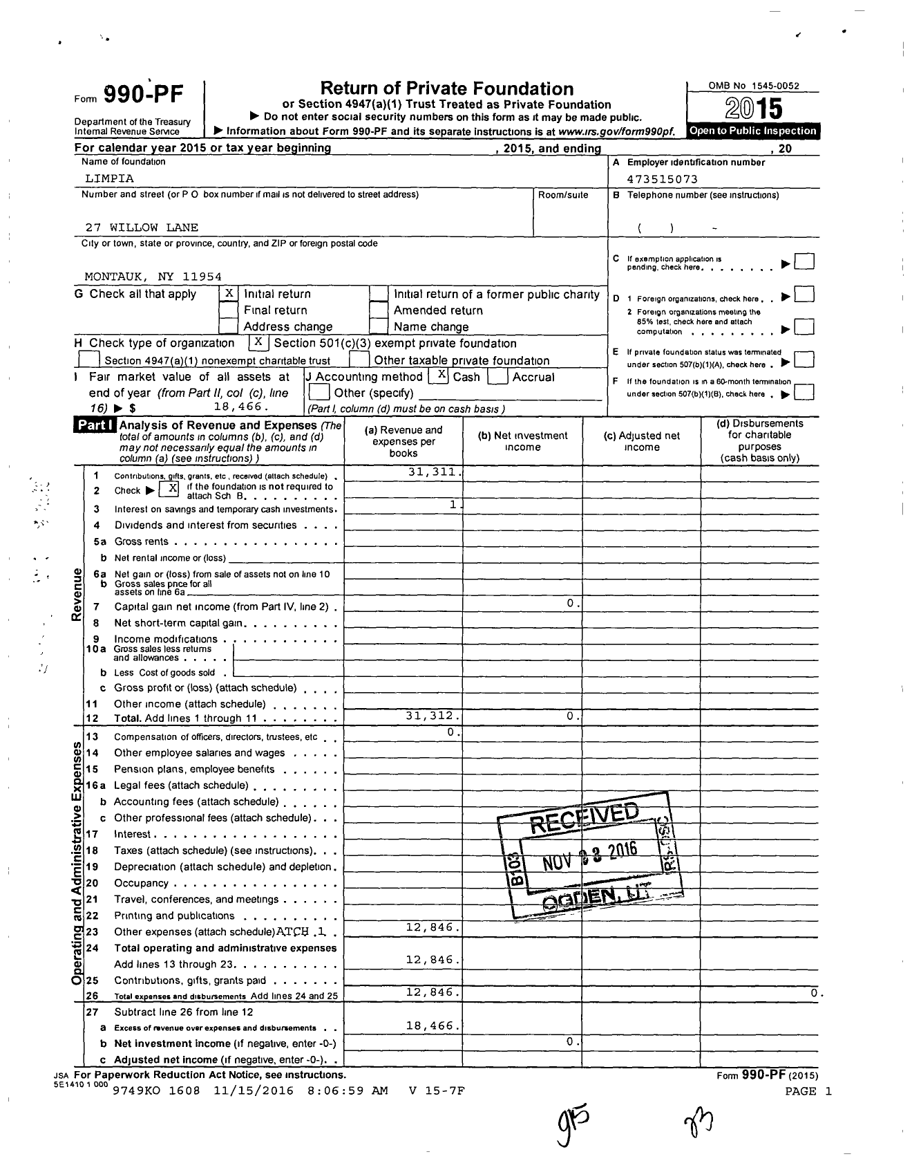 Image of first page of 2015 Form 990PF for Long Island Marine Purification Initiative Alliance (LIMPIA)