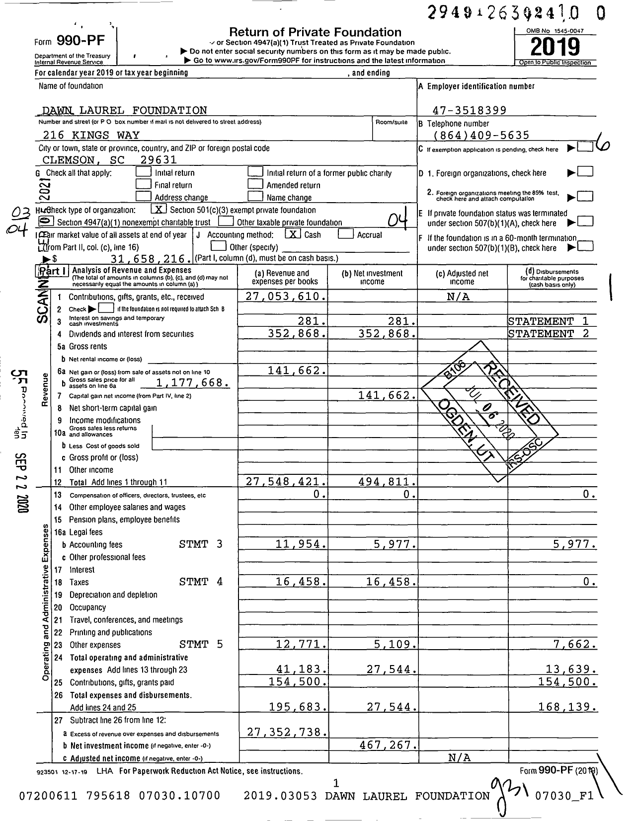 Image of first page of 2019 Form 990PF for Dawn Laurel Foundation