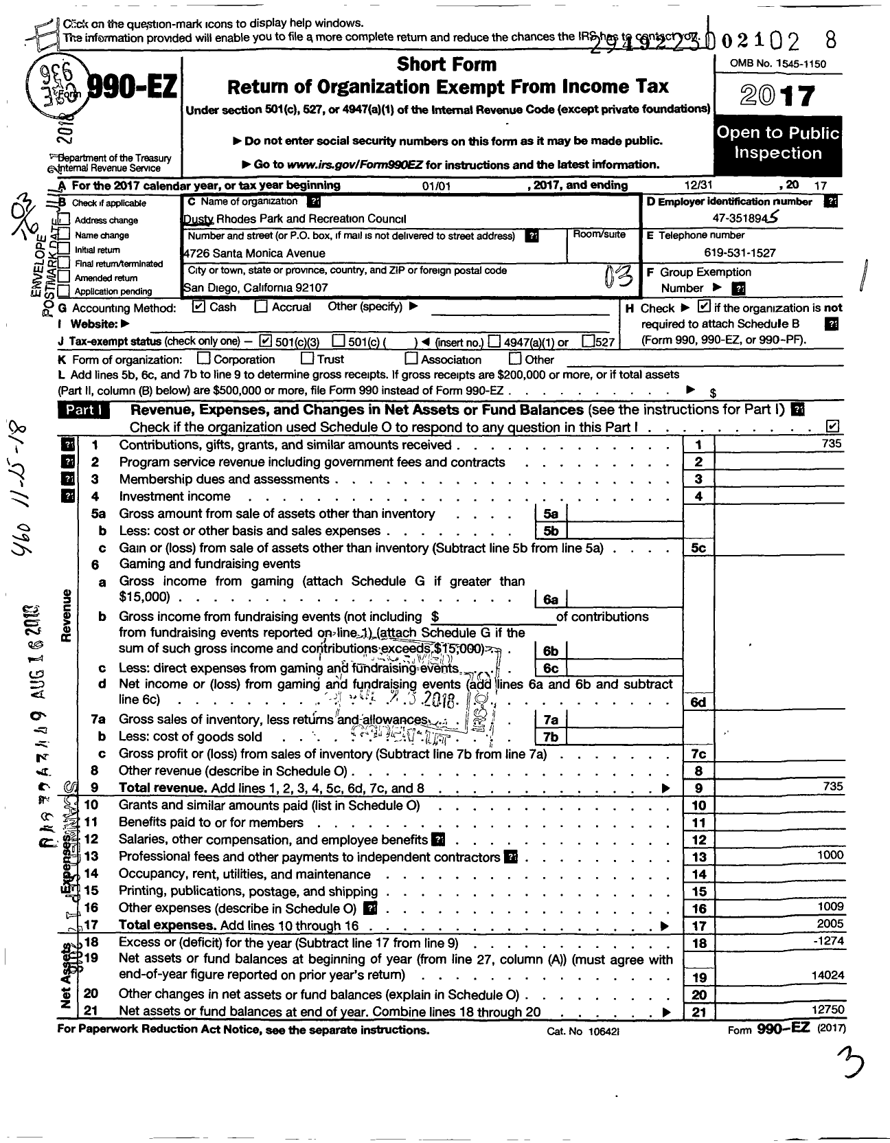 Image of first page of 2017 Form 990EZ for Dusty Rhodes Park and Recreation Council