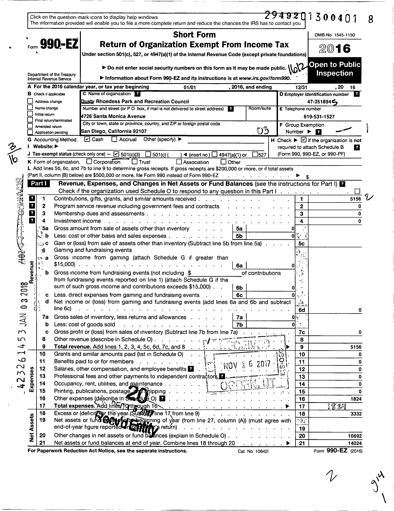 Image of first page of 2016 Form 990EZ for Dusty Rhodes Park and Recreation Council