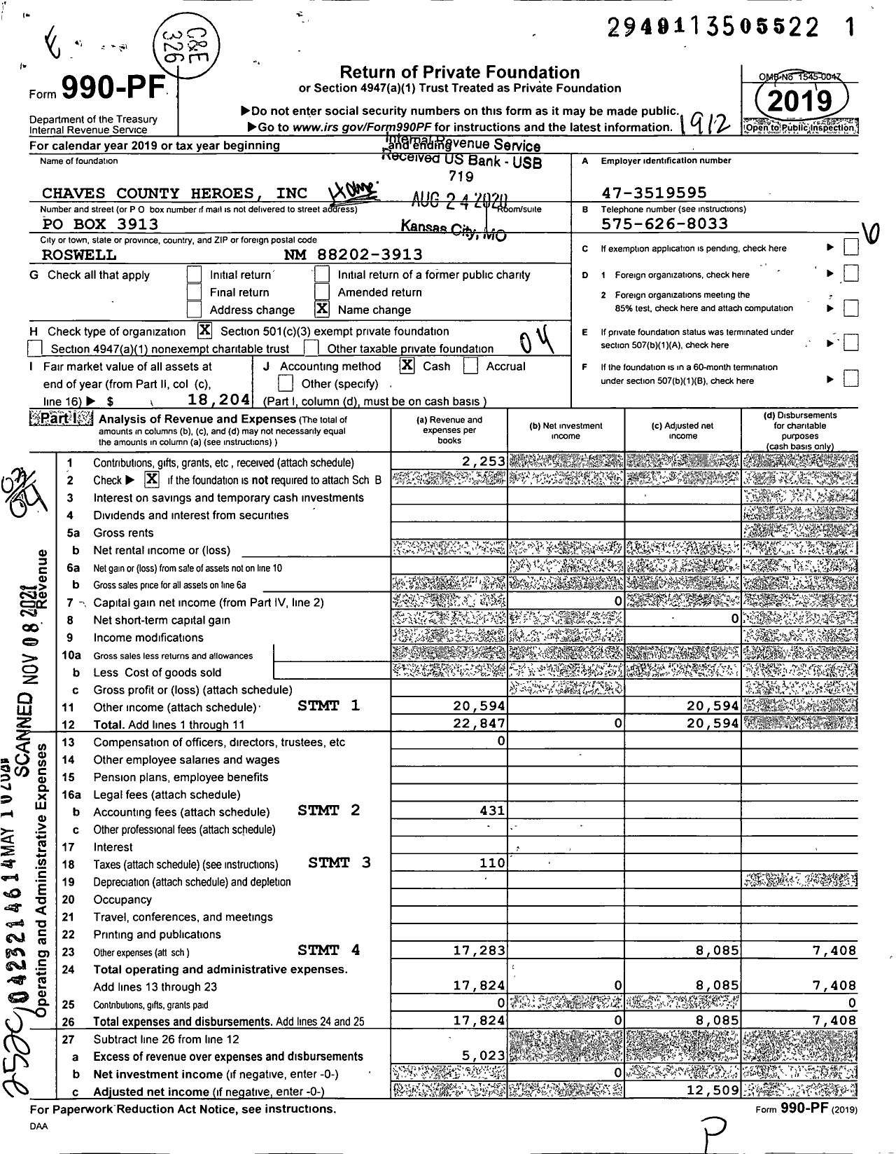 Image of first page of 2019 Form 990PF for Chaves County Heroes