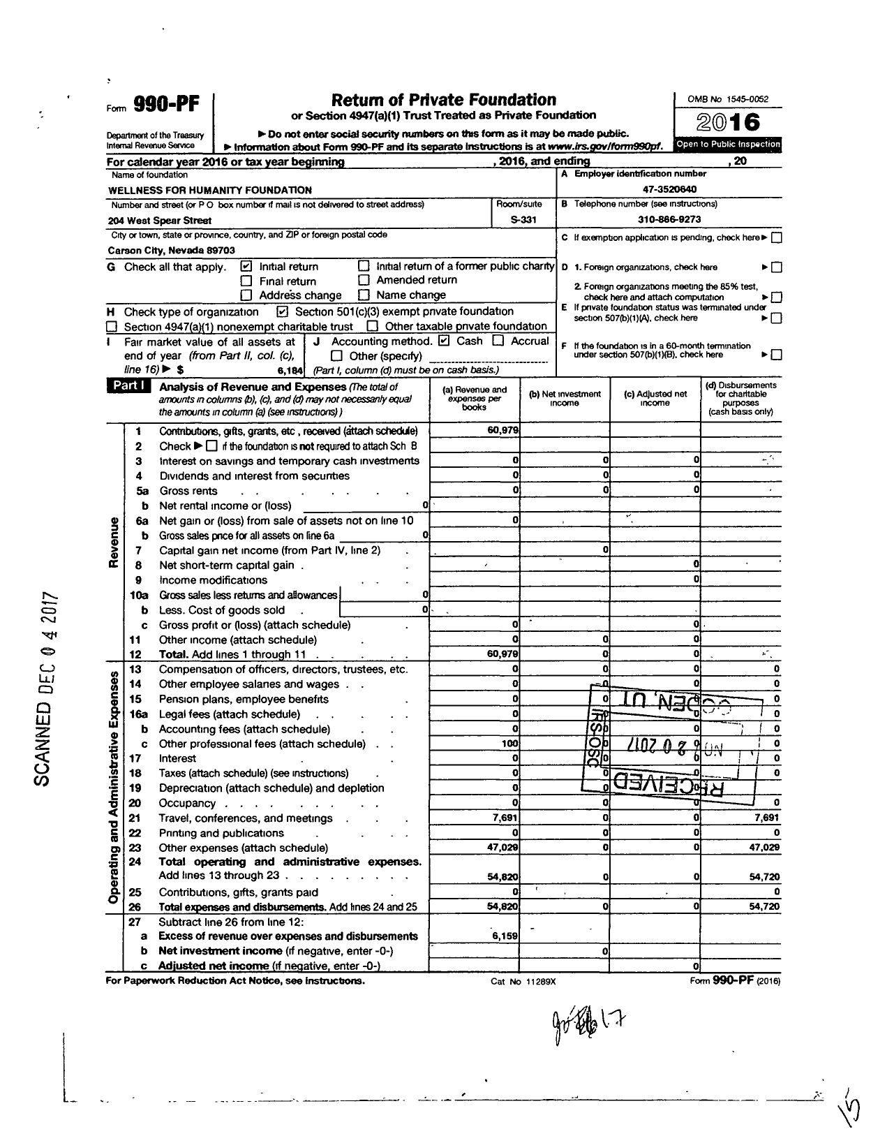 Image of first page of 2016 Form 990PF for Wellness for Humanity Foundation