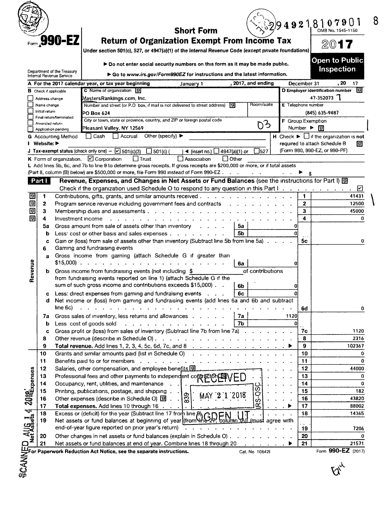 Image of first page of 2017 Form 990EZ for Mastersrankingscom