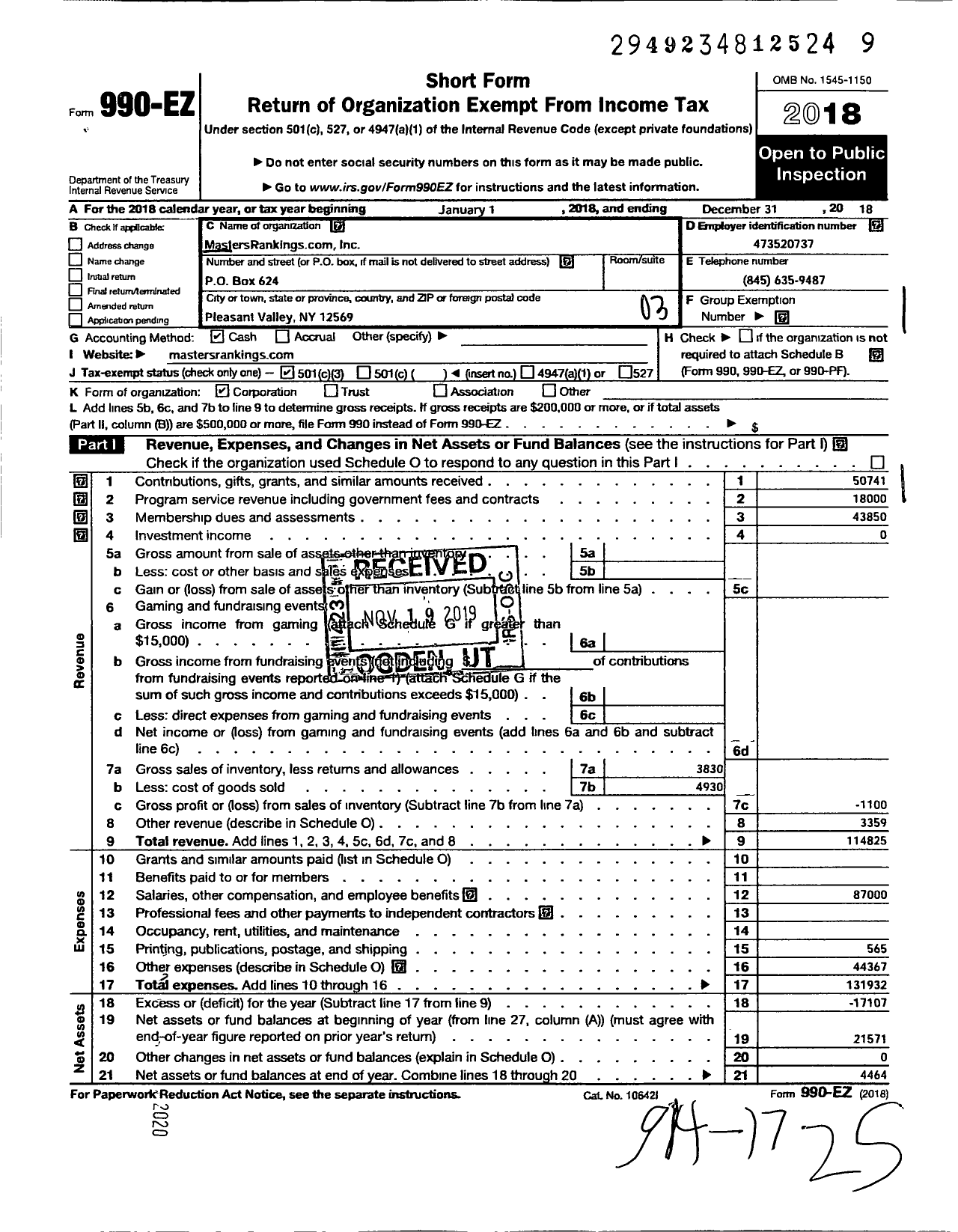 Image of first page of 2018 Form 990EZ for Mastersrankingscom